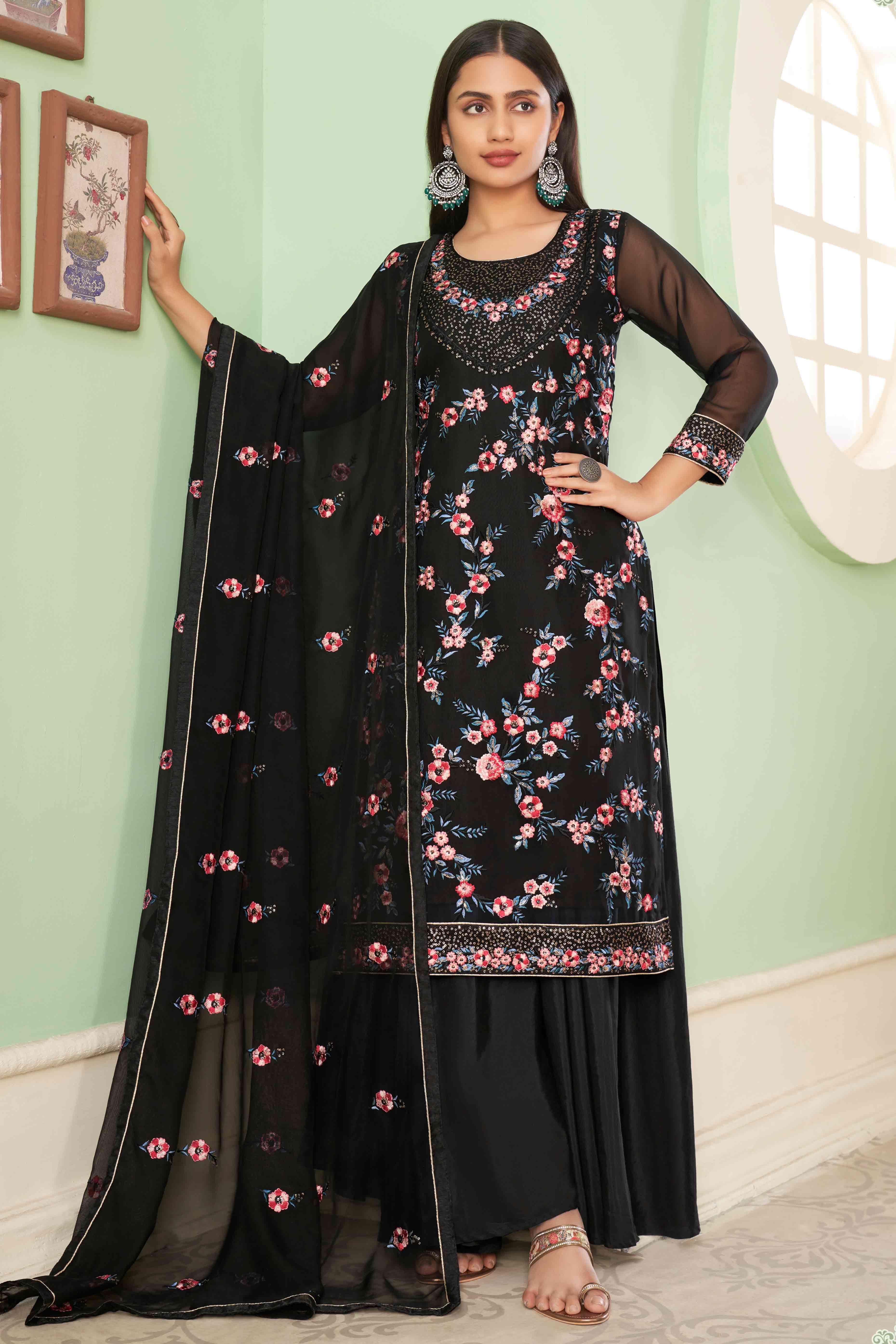 Black Floral Sequins Embroidered Georgette Semi Stitched Suit