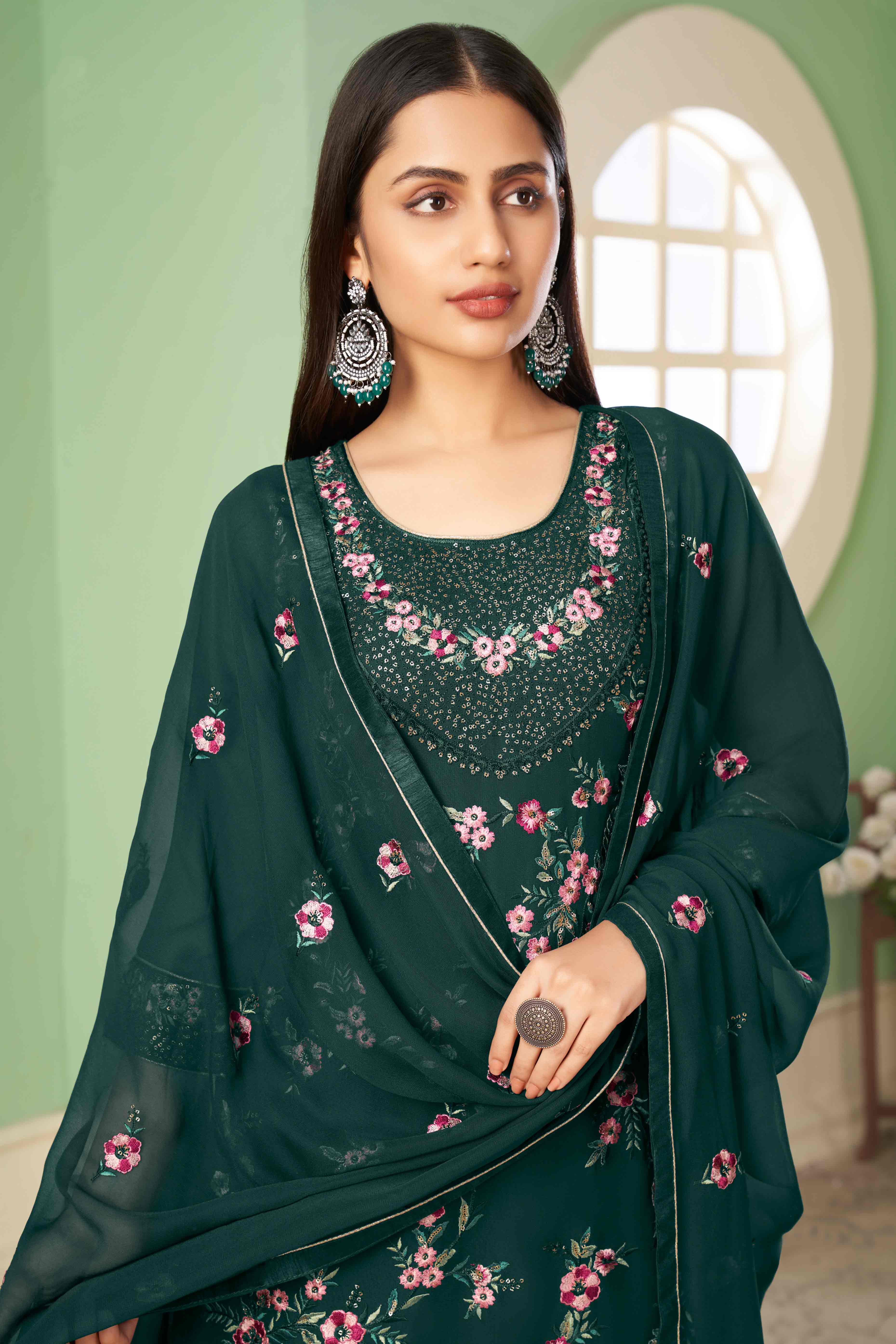 Green Floral Sequins Embroidered Georgette Semi Stitched Suit