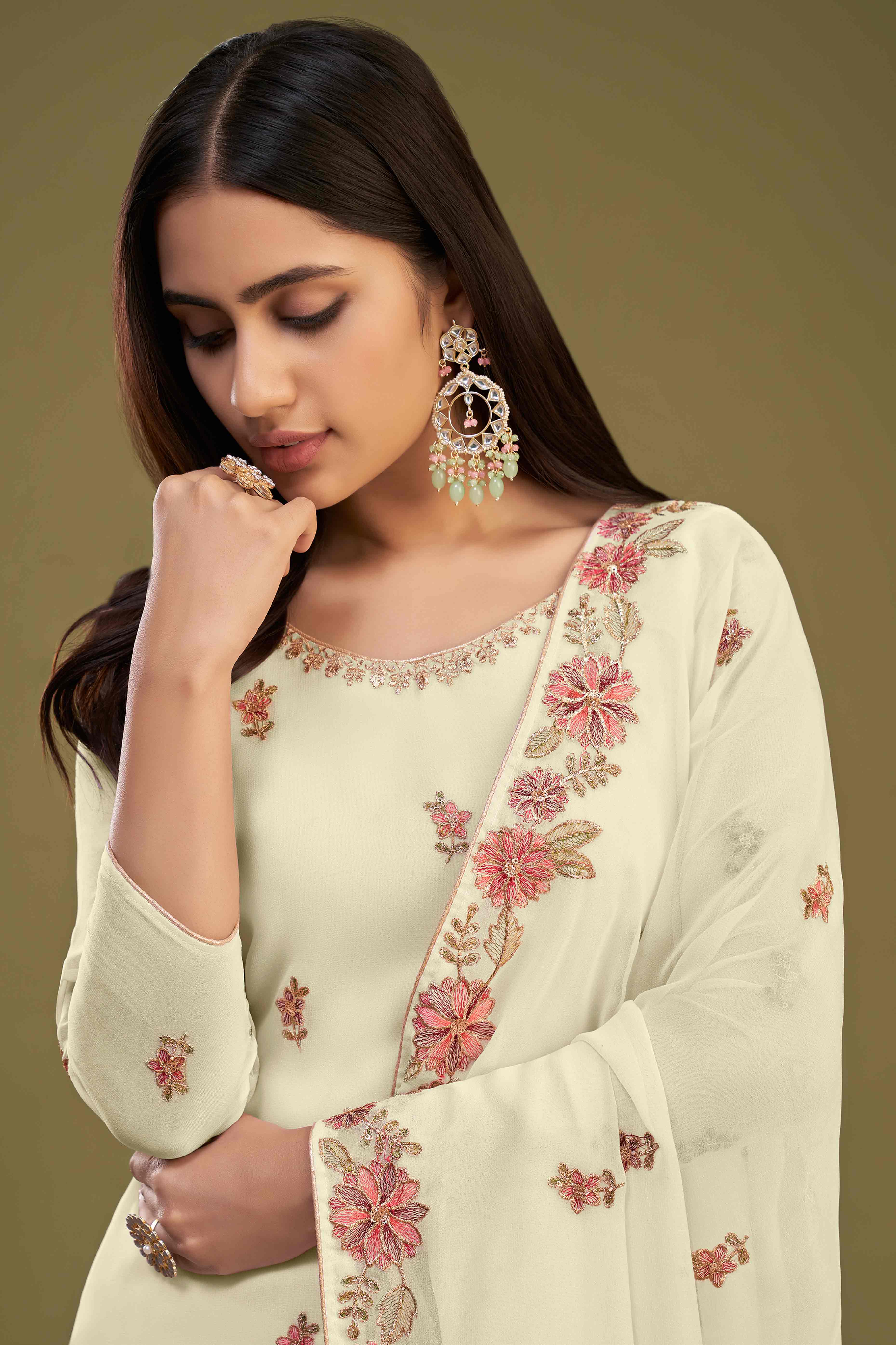 Light Yellow Floral Sequins Embroidered Georgette Semi Stitched Sharara Suit