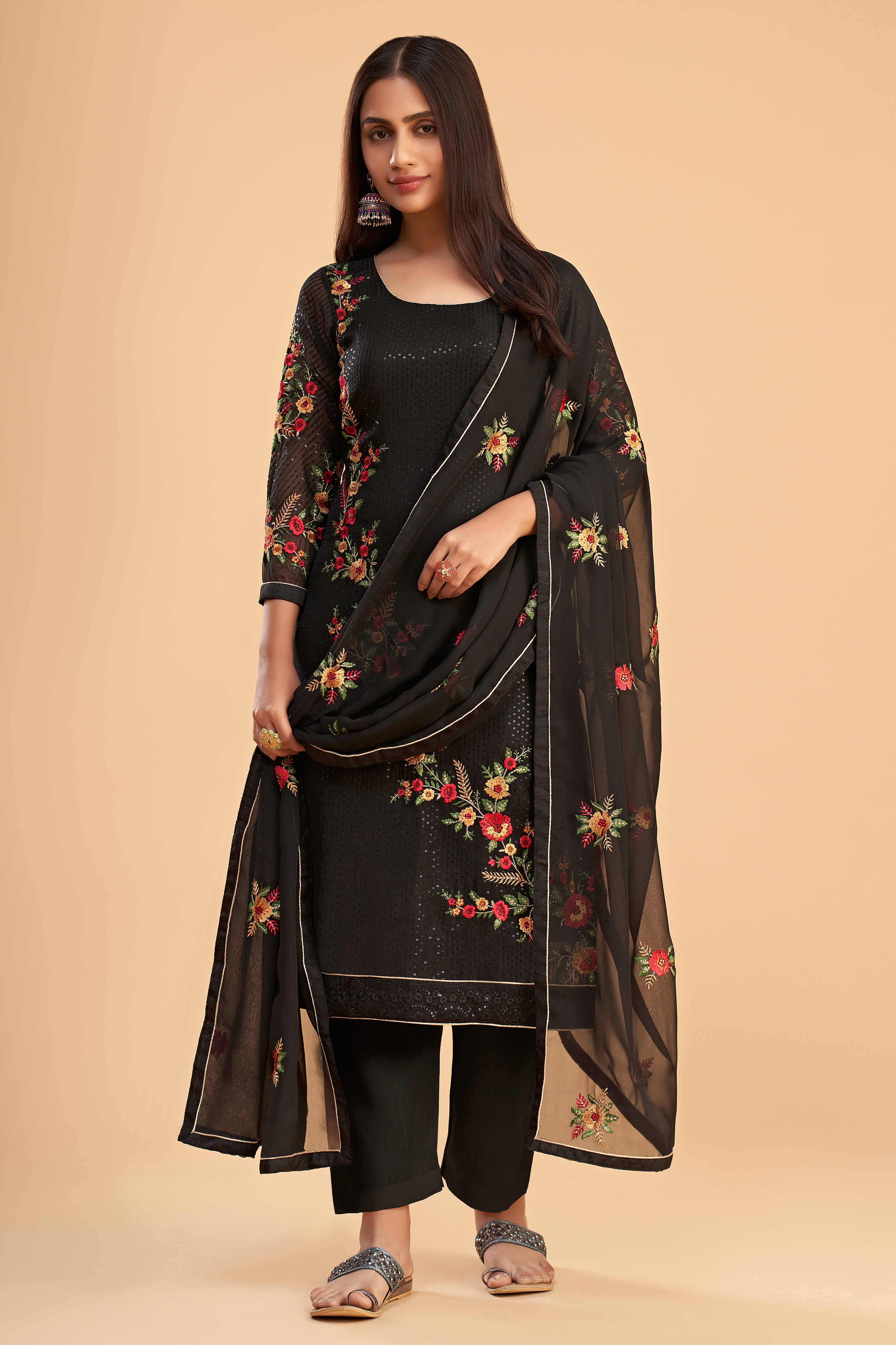 Black Floral Sequins Embroidered Georgette Semi Stitched Suit