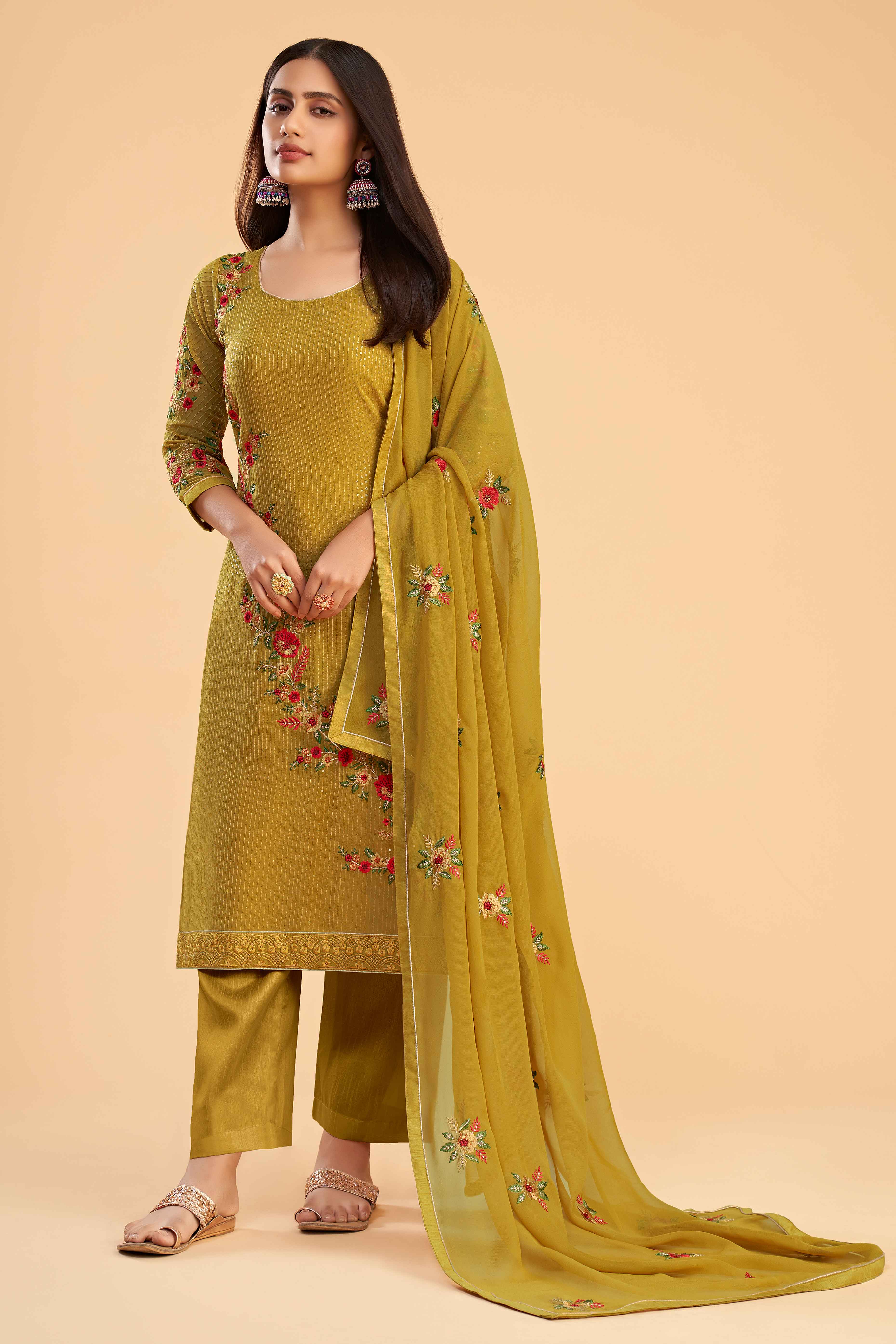 Mustard Floral Sequins Embroidered Georgette Semi Stitched Suit