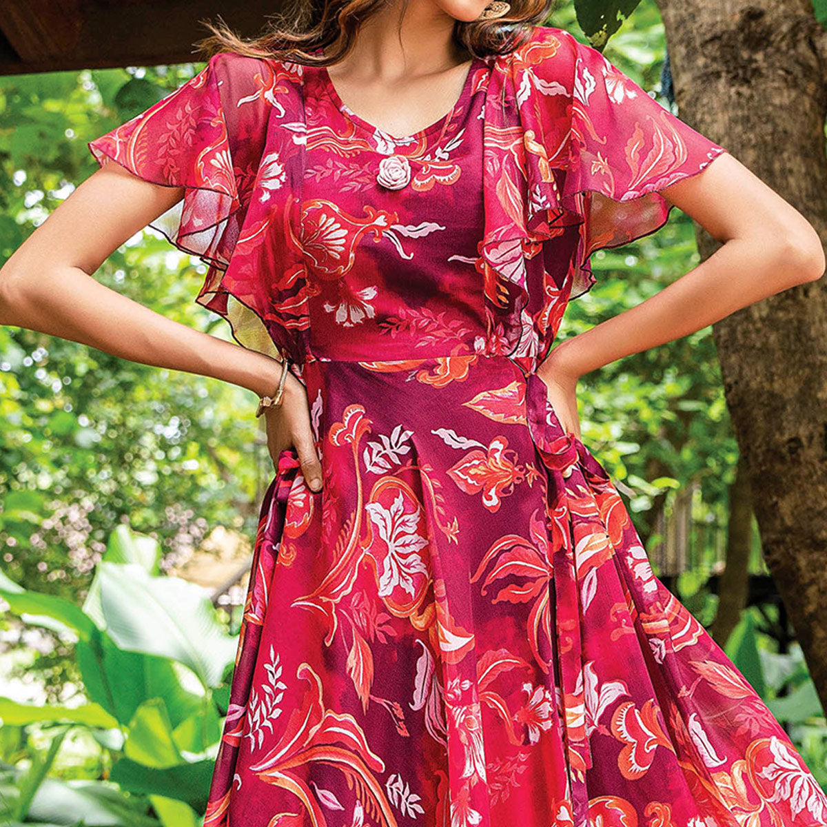 Red Digital Floral Printed Chiffon Dress