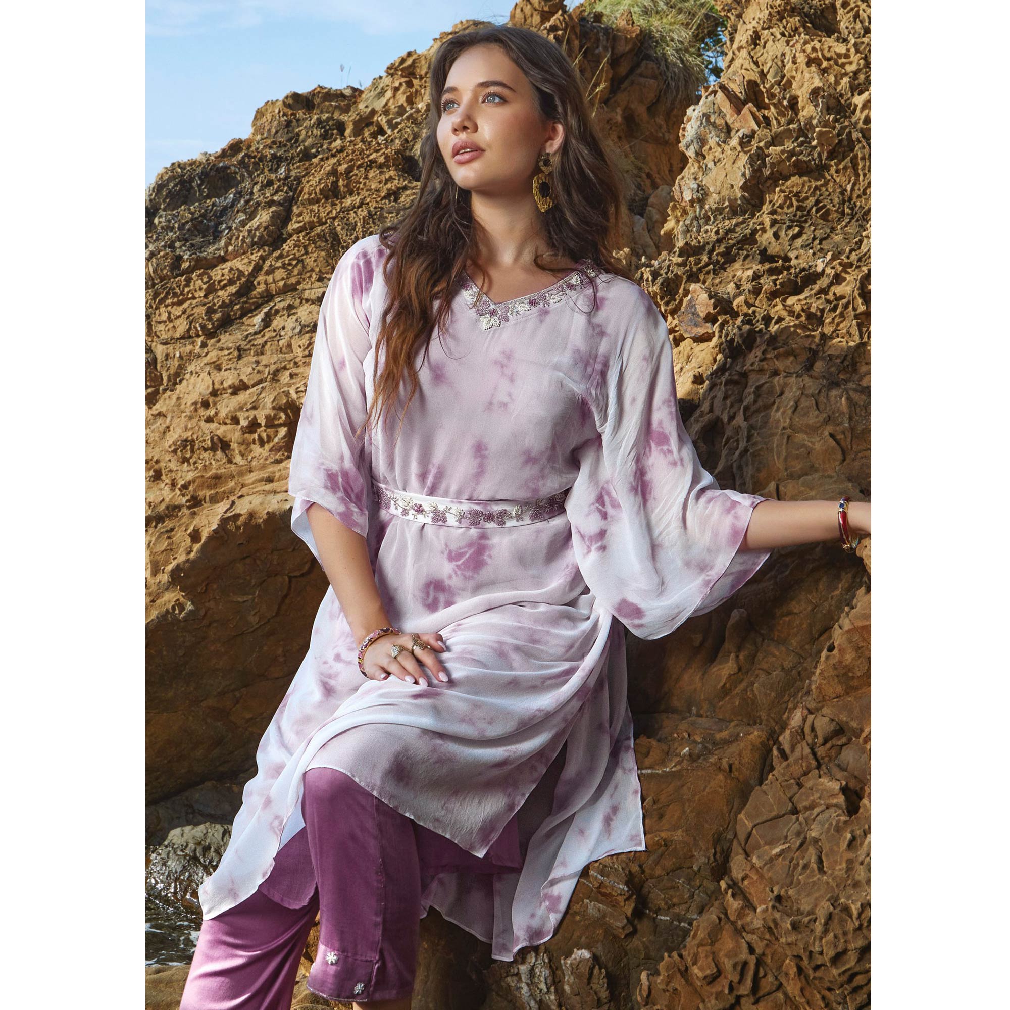 Purple Printed With Handwor Georgette Kaftan Set