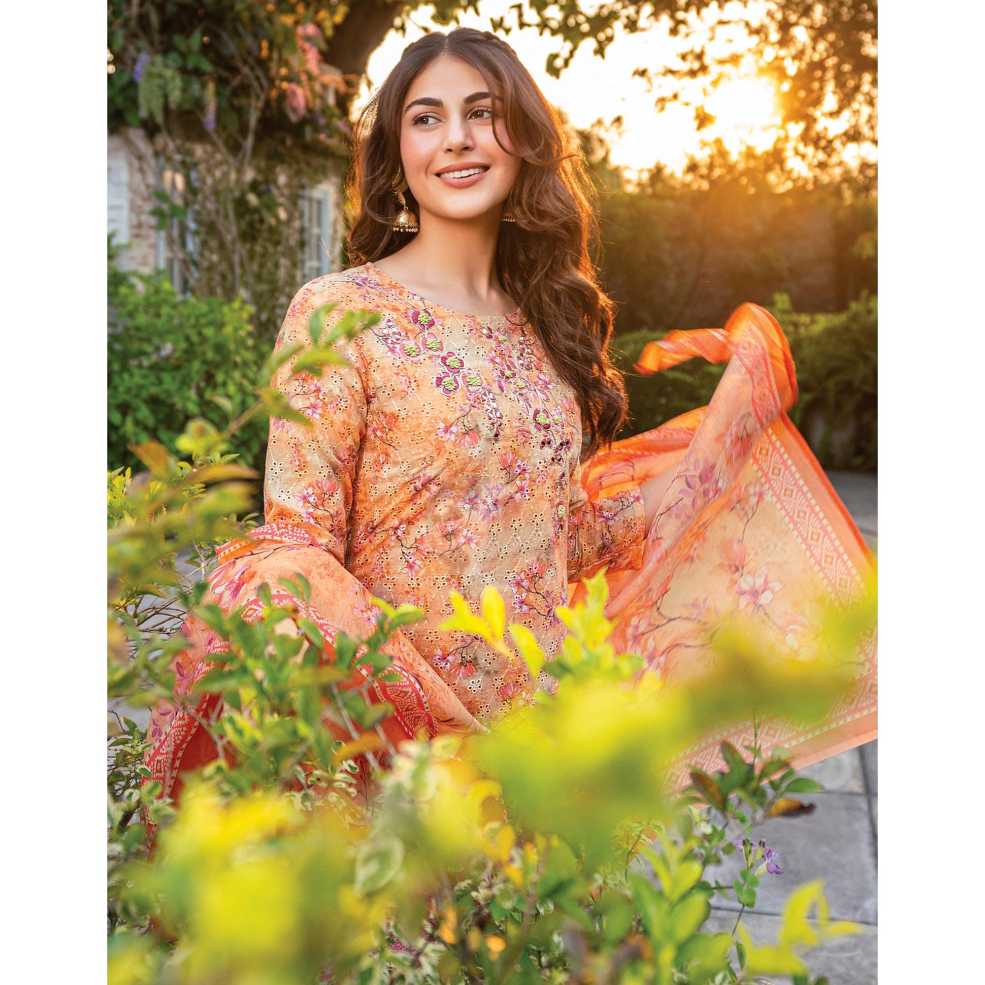 Orange Floral Chikankari Work Pure Cotton Suit