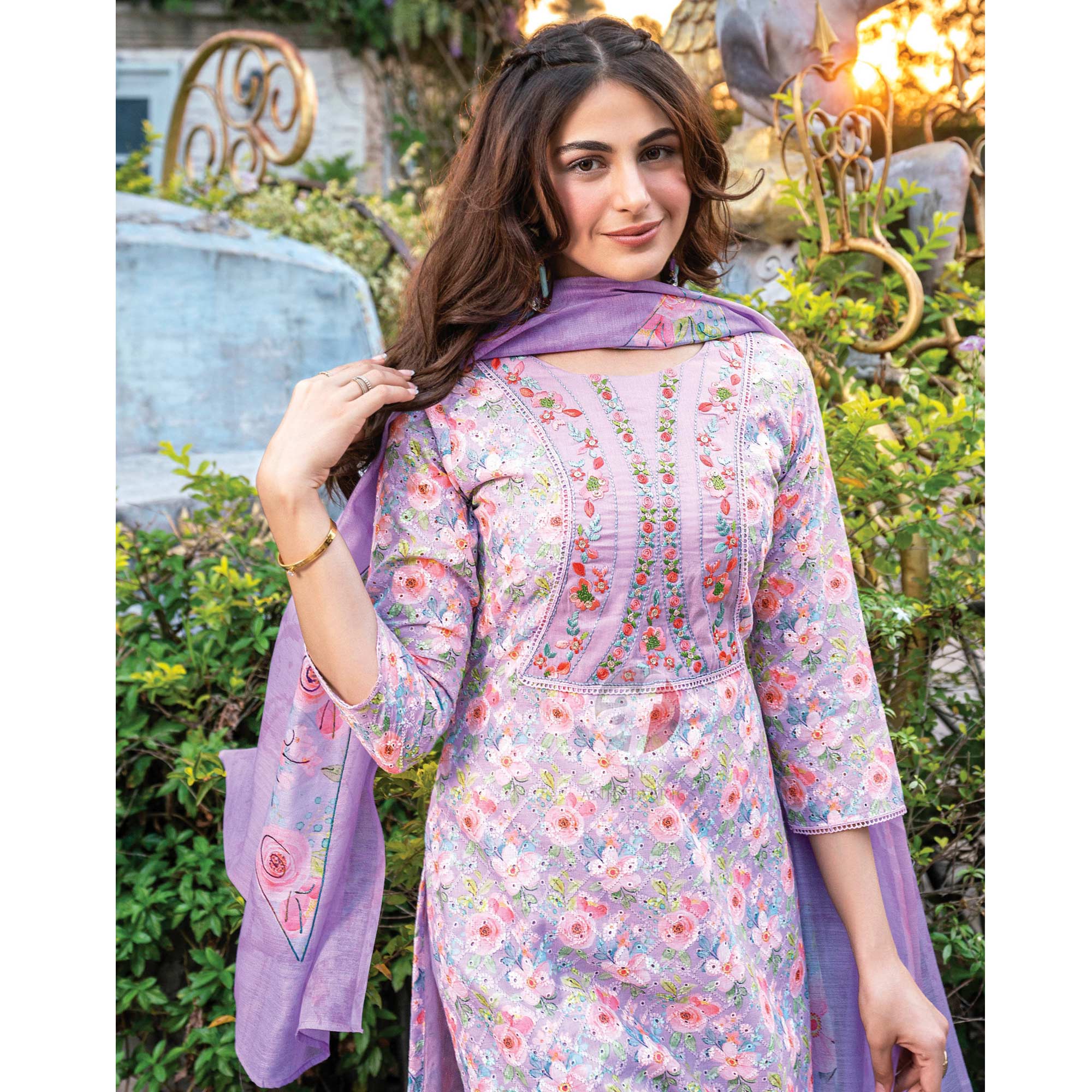 Purple Floral Chikankari Work Pure Cotton Suit