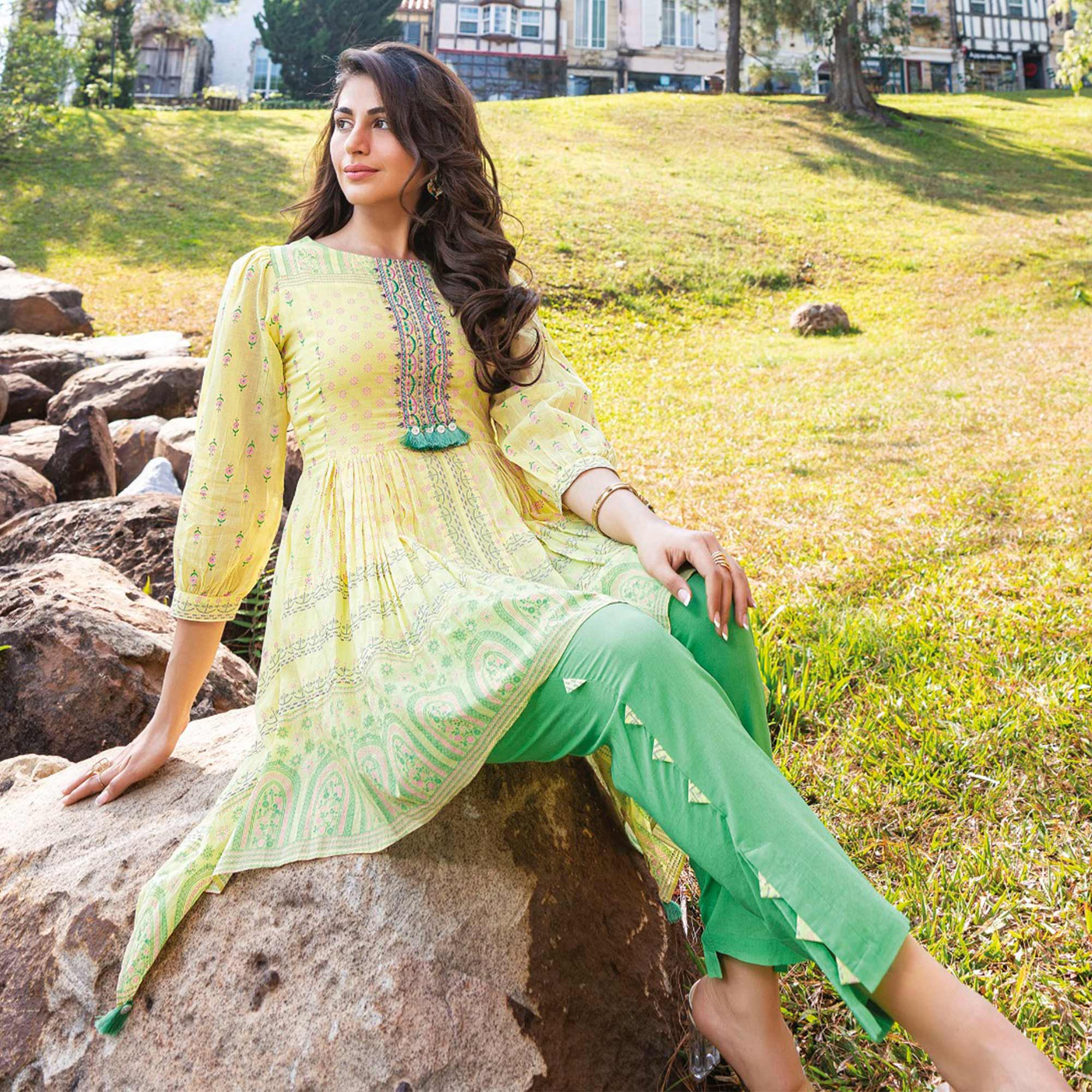 Yellow Embroidered Cotton Co Ord Set