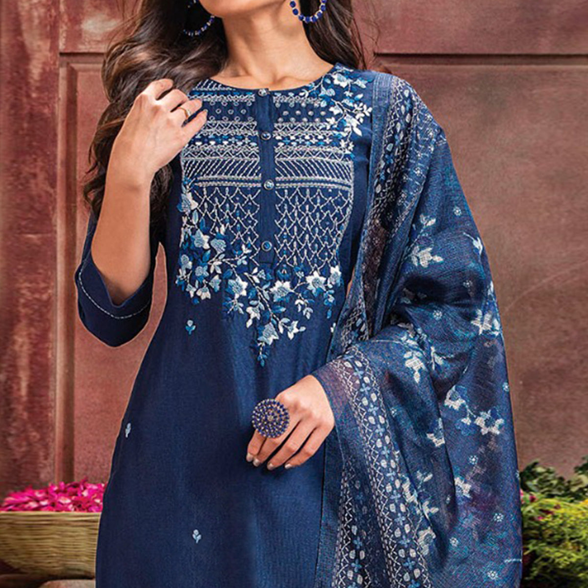 Navy Blue Handwork Embroidered Viscose Salwar Suit