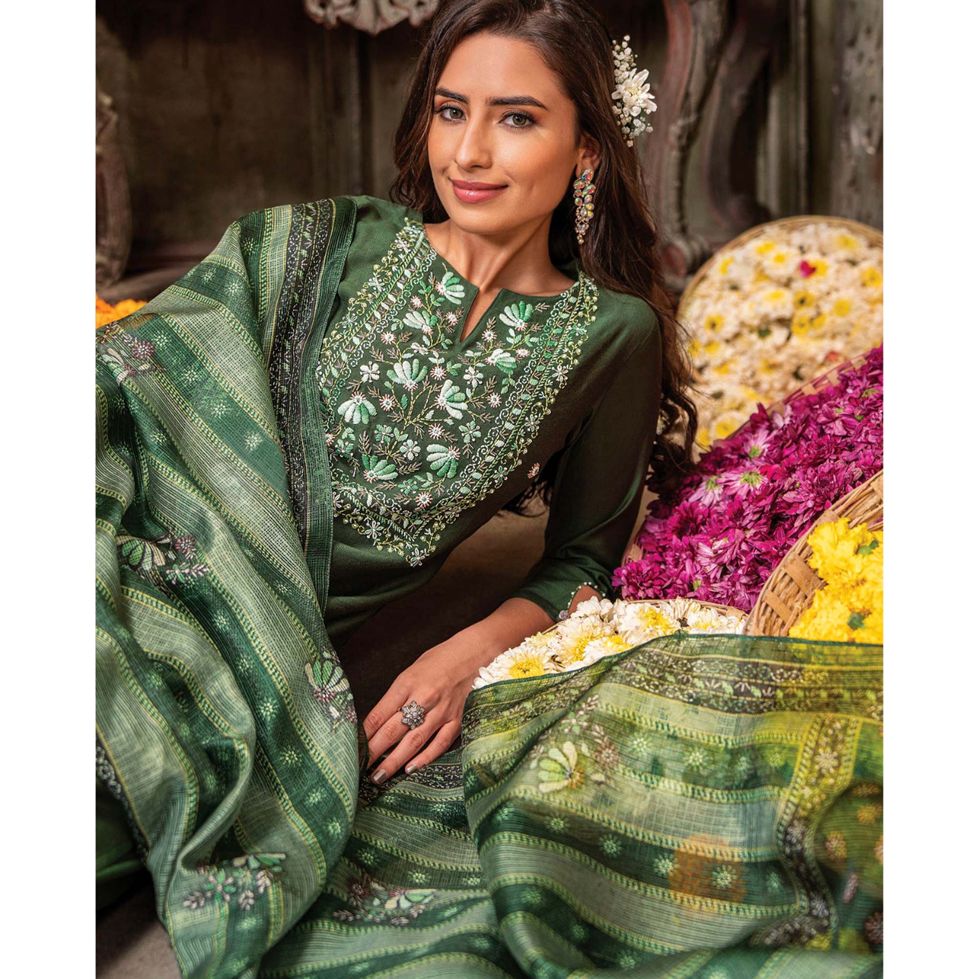 Green Handwork Embroidered Viscose Salwar Suit