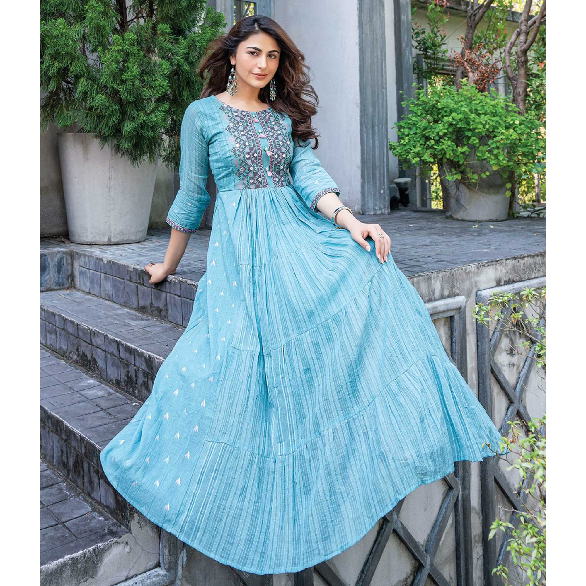 Blue Embroidered Cotton Gown