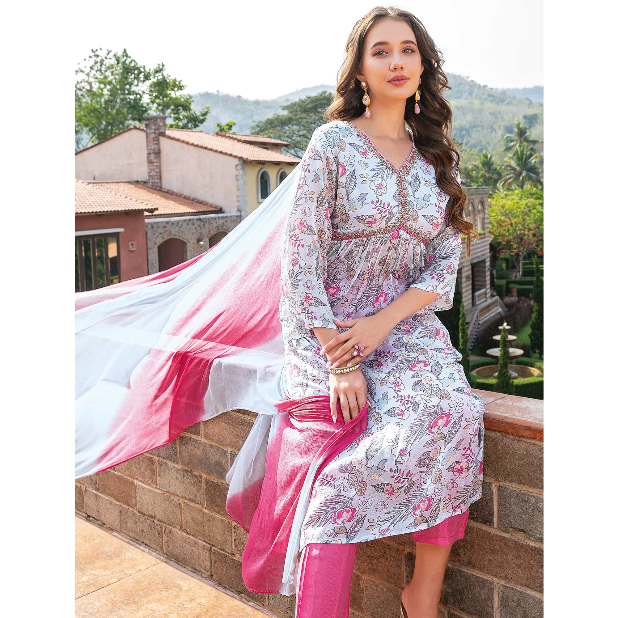 Grey & Pink Floral Printed Chiffon Alia Cut Suit