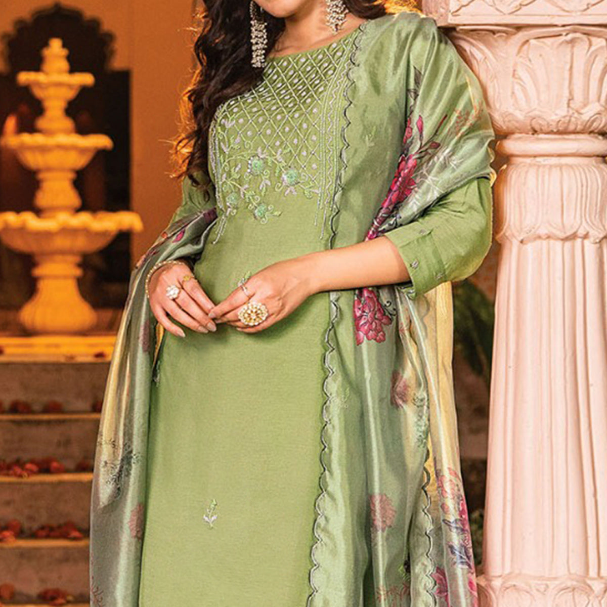 Green Handwork Embroidered Viscose Salwar Suit