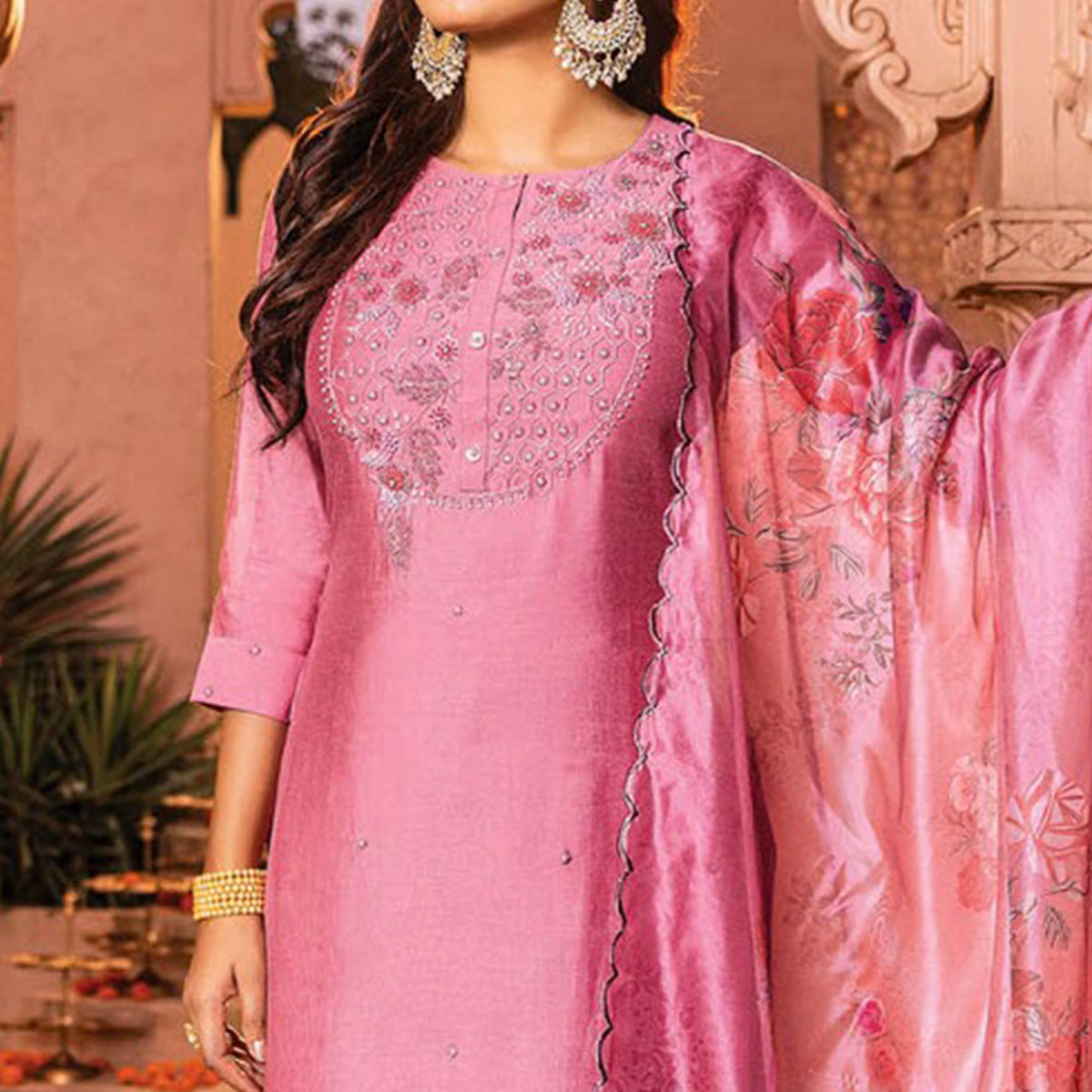 Pink Handwork Embroidered Viscose Salwar Suit