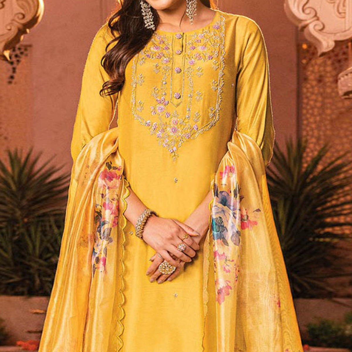 Yellow Handwork Embroidered Viscose Salwar Suit