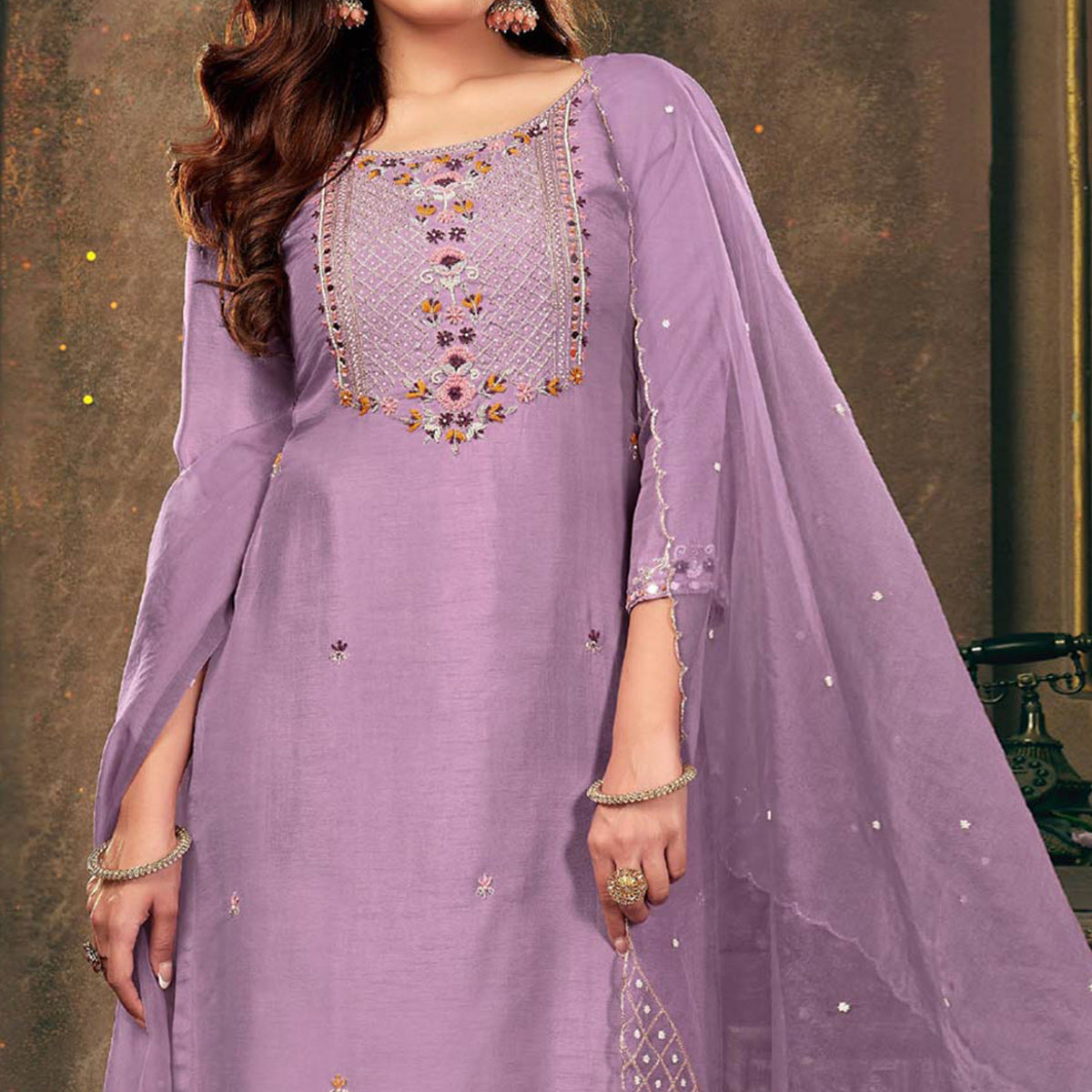 Purple Floral Embroidered Dola Silk Suit