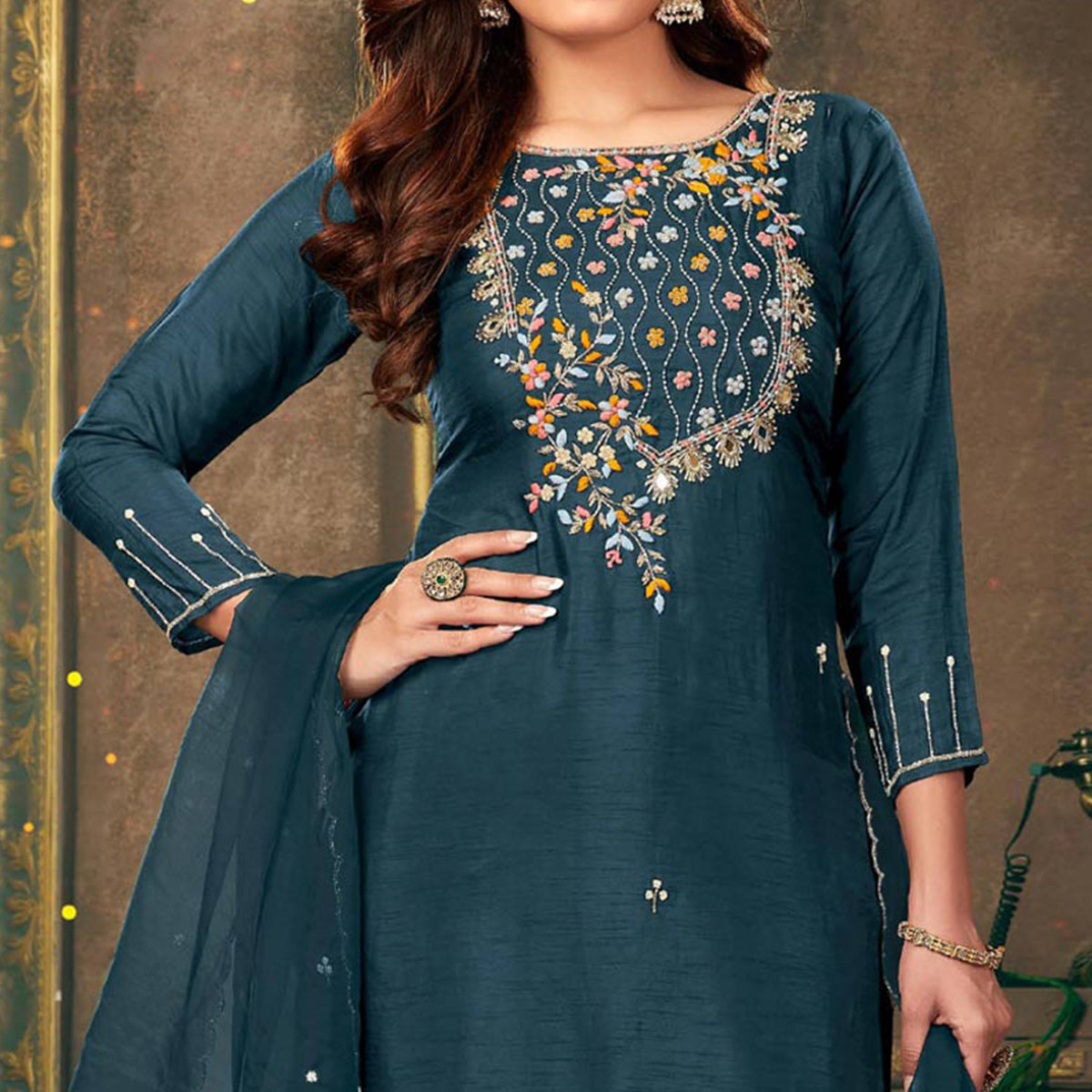 Teal Blue Floral Embroidered Dola Silk Suit