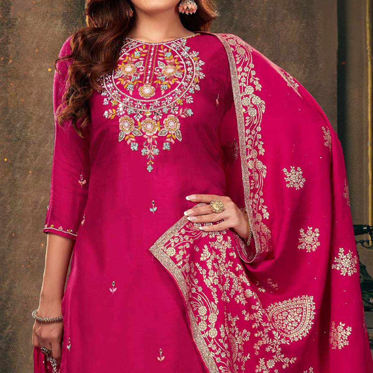 Pink Floral Embroidered Dola Silk Suit