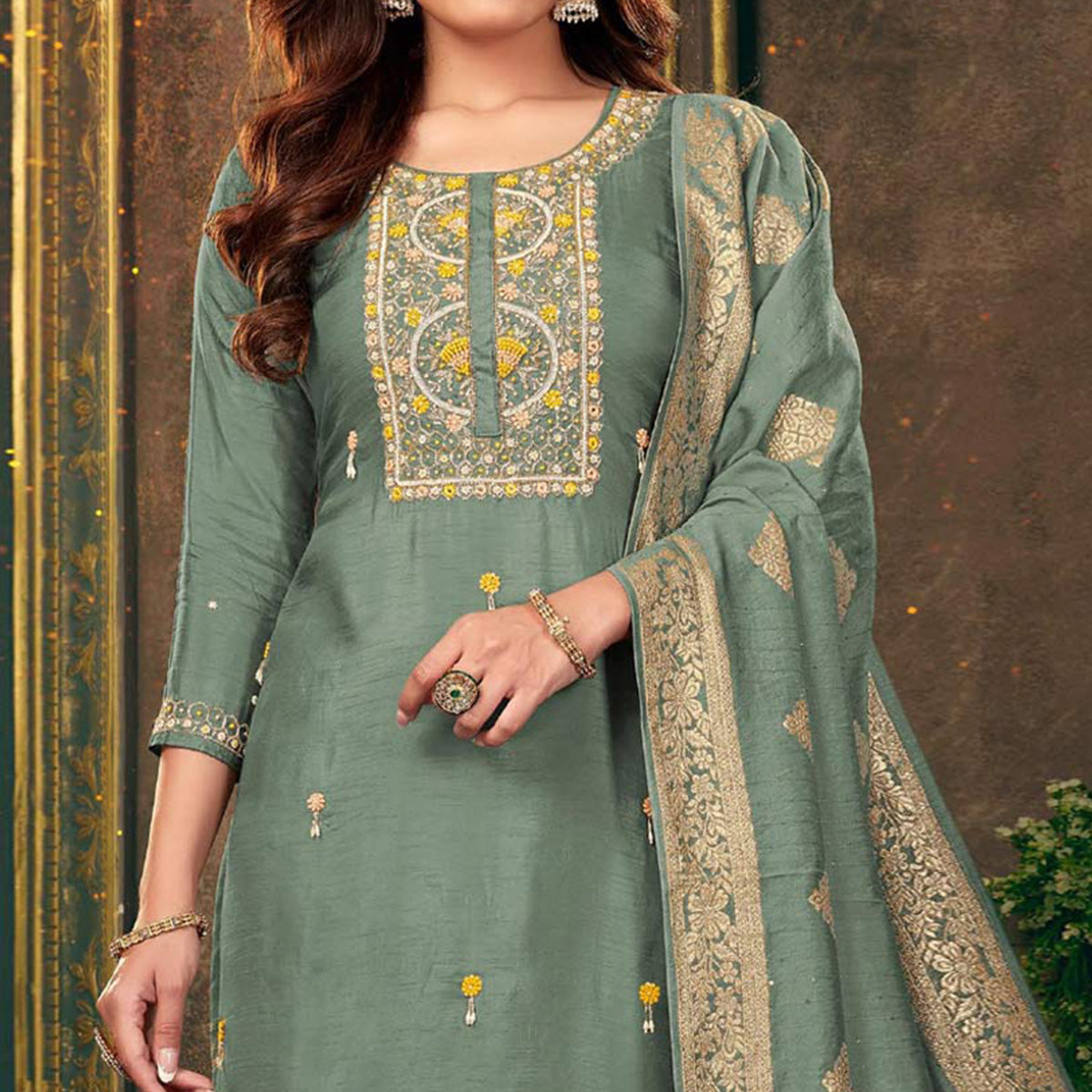 Green Floral Embroidered Dola Silk Suit