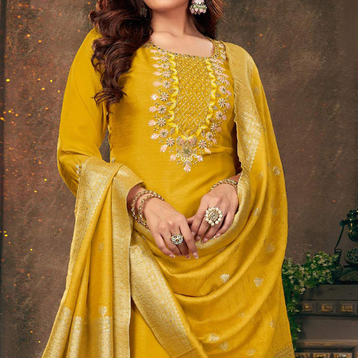 Yellow Floral Embroidered Dola Silk Suit