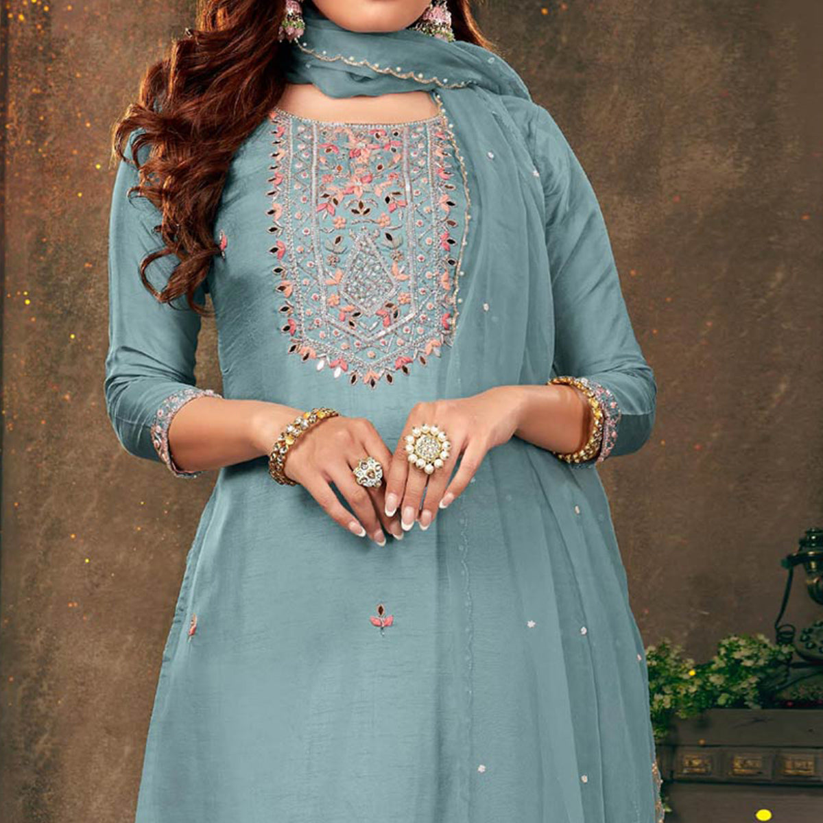 Blue Floral Embroidered Dola Silk Suit