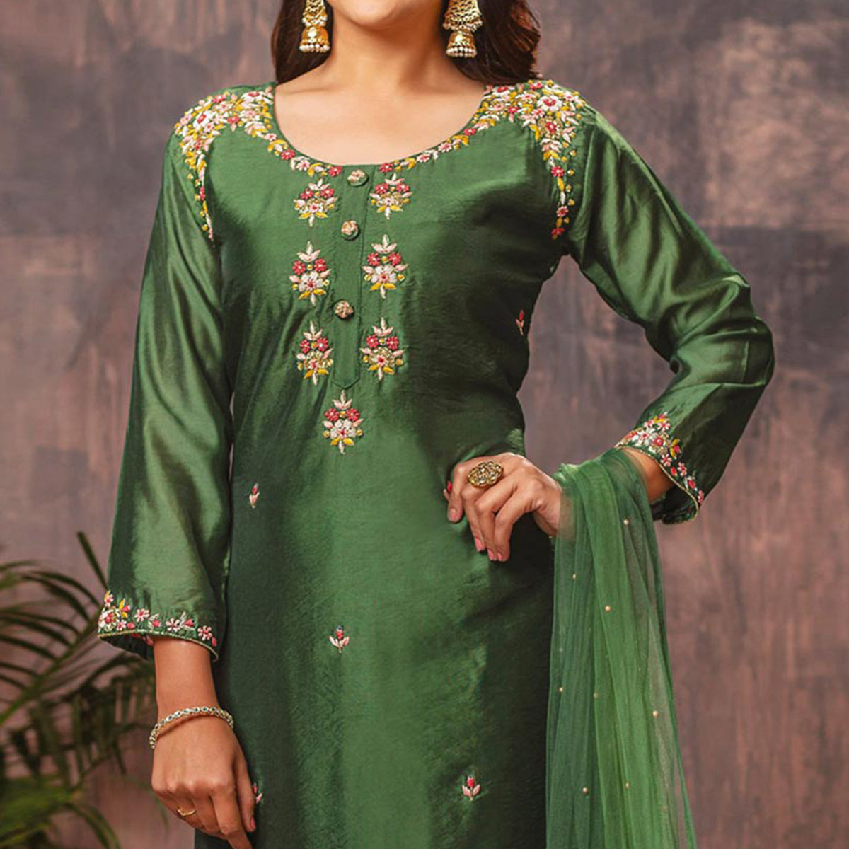 Green Floral Embroidered Chanderi Suit