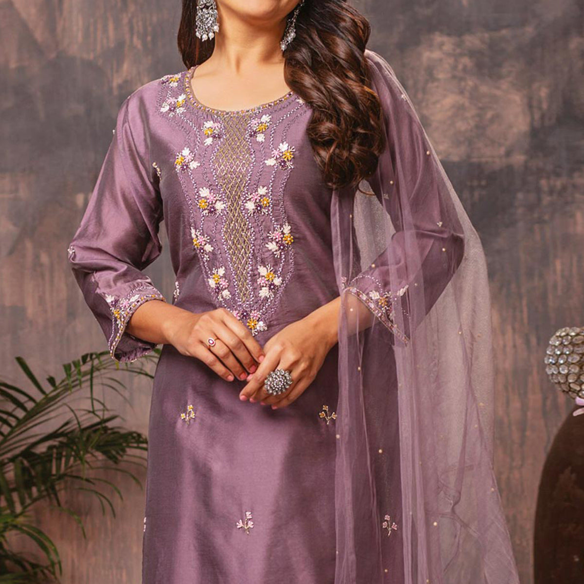 Purple Floral Embroidered Chanderi Suit