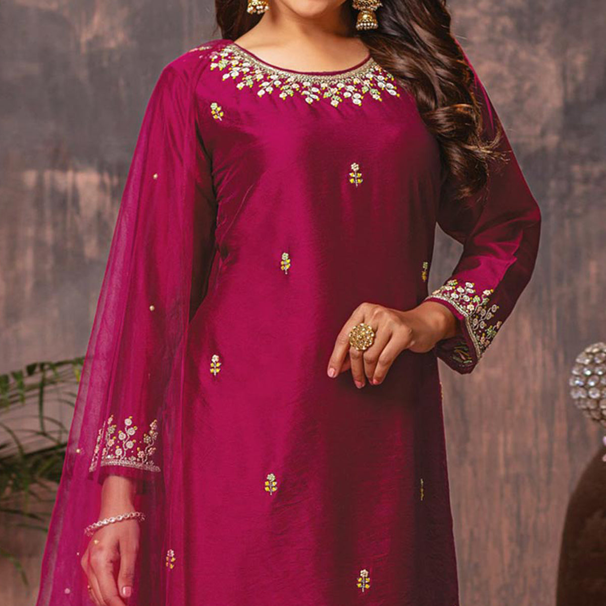 Pink Floral Embroidered Chanderi Suit