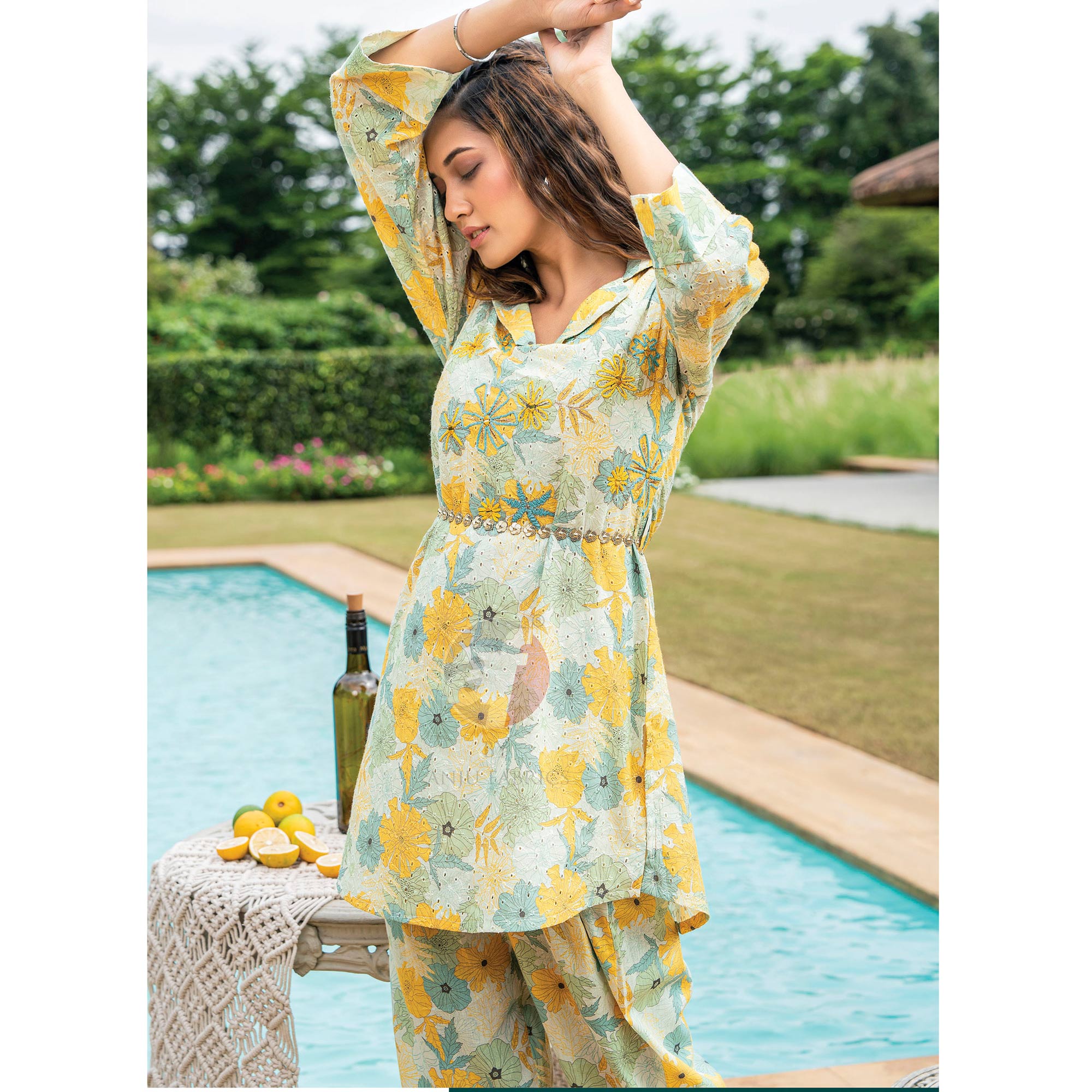 Yellow & Green Floral Printed Pure Cotton Co Ord Set