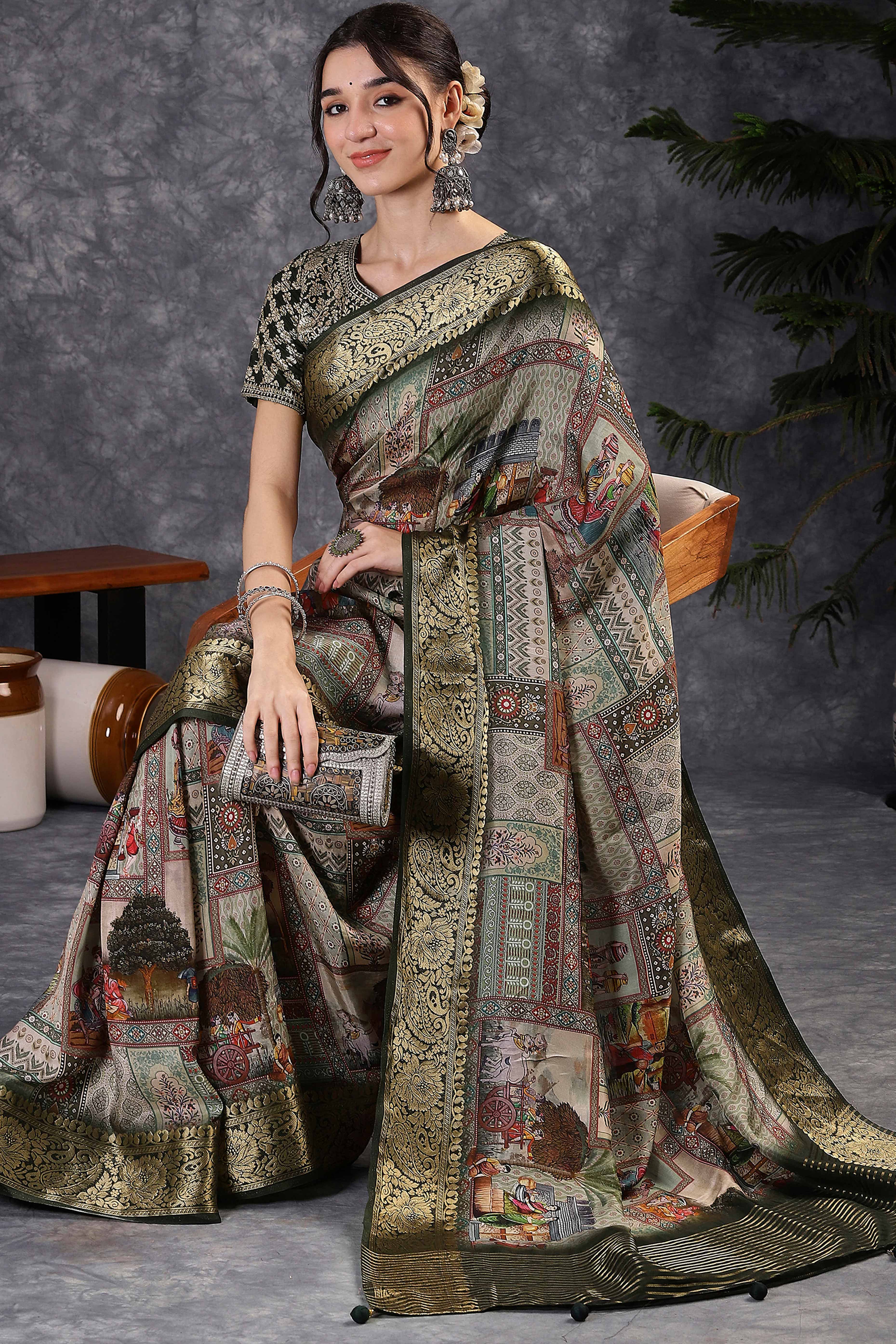 Light Olive Artistic Print Saree in Dola Silk with Woven Border