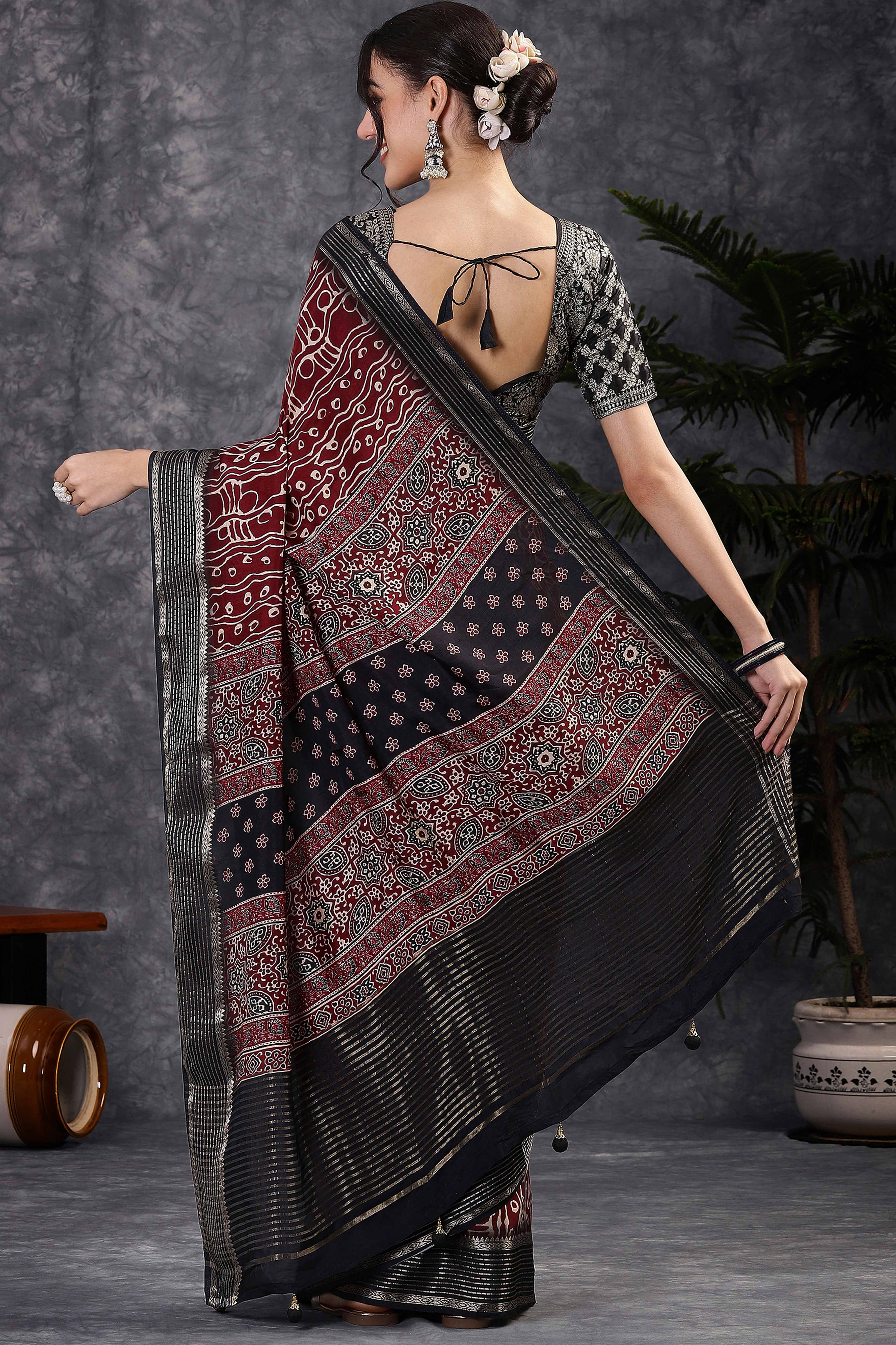 Maroon Artistic Print Saree in Dola Silk with Woven Border
