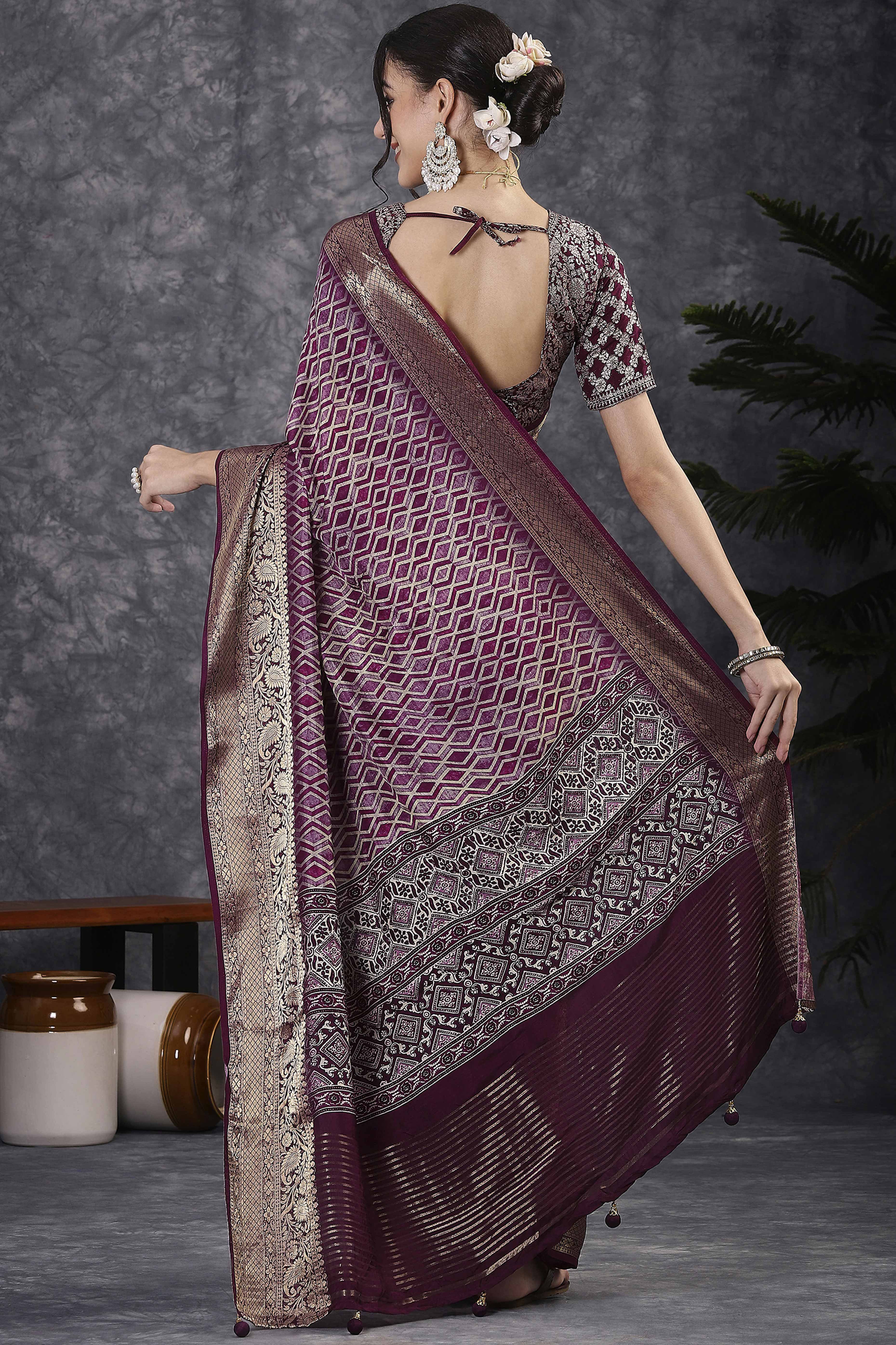 Wine Artistic Print Saree in Dola Silk with Woven Border