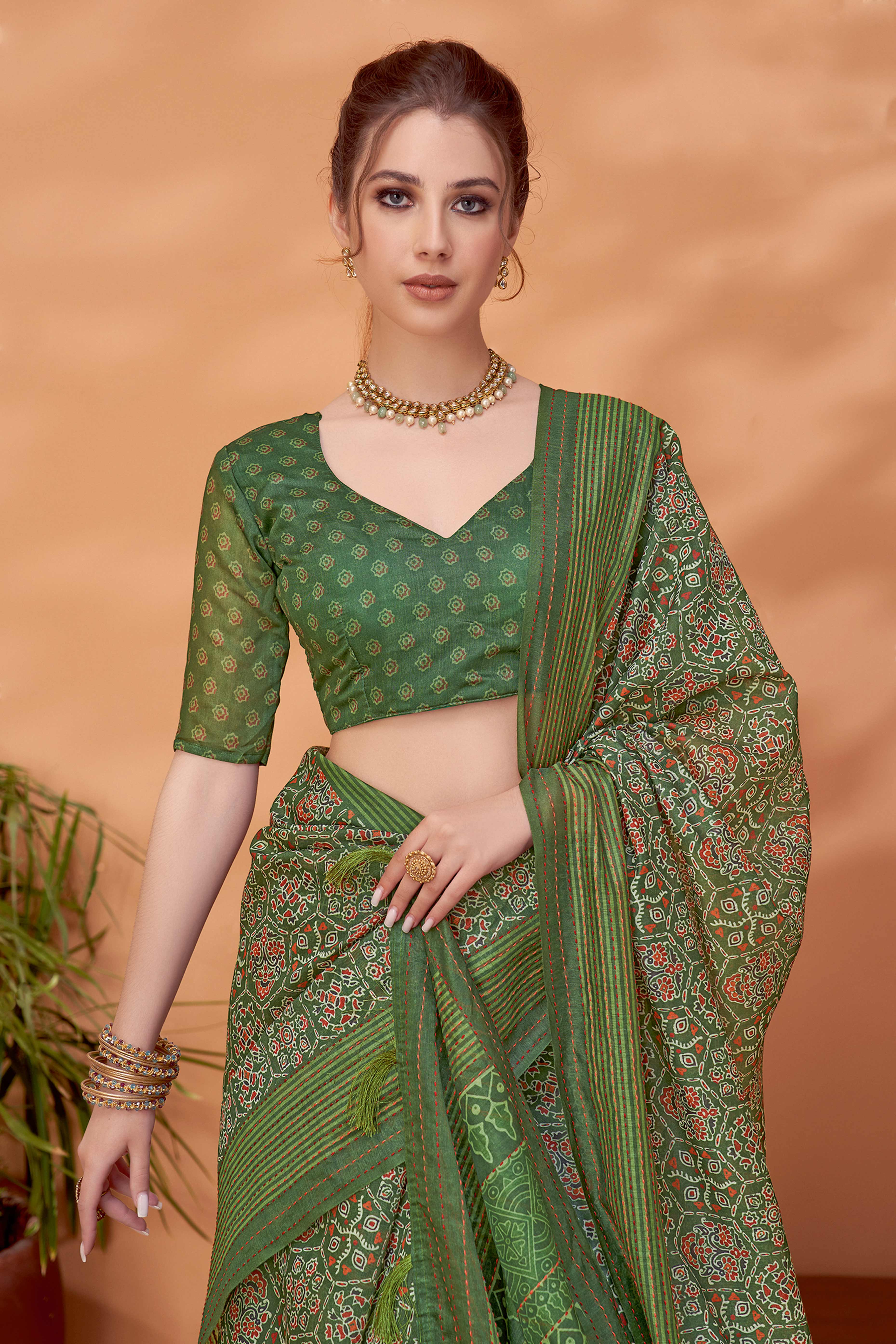 Green Handfeel Cotton Silk Saree Adorned with Traditional Ajrakh Motifs