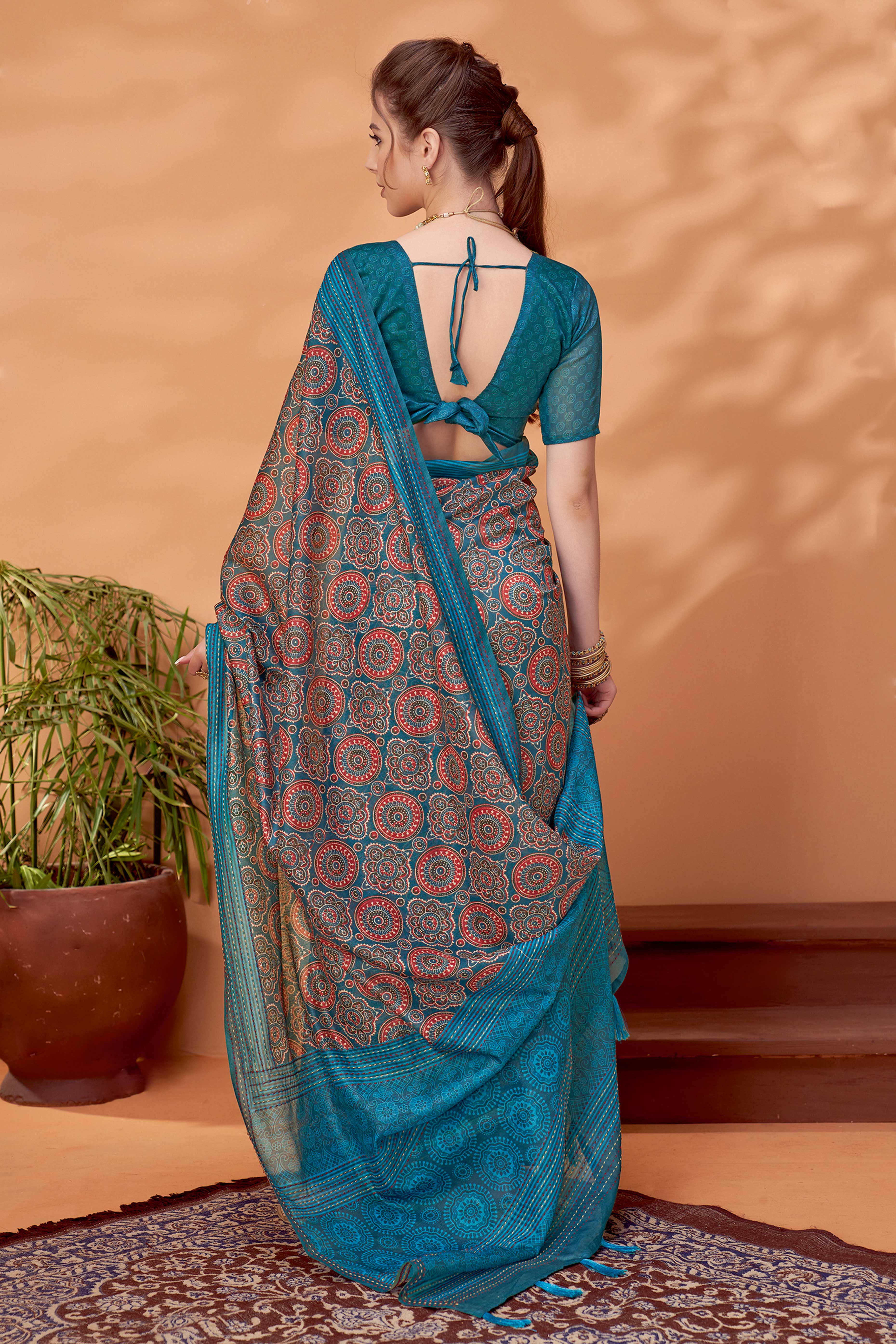 Teal Handfeel Cotton Silk Saree Adorned with Traditional Ajrakh Motifs