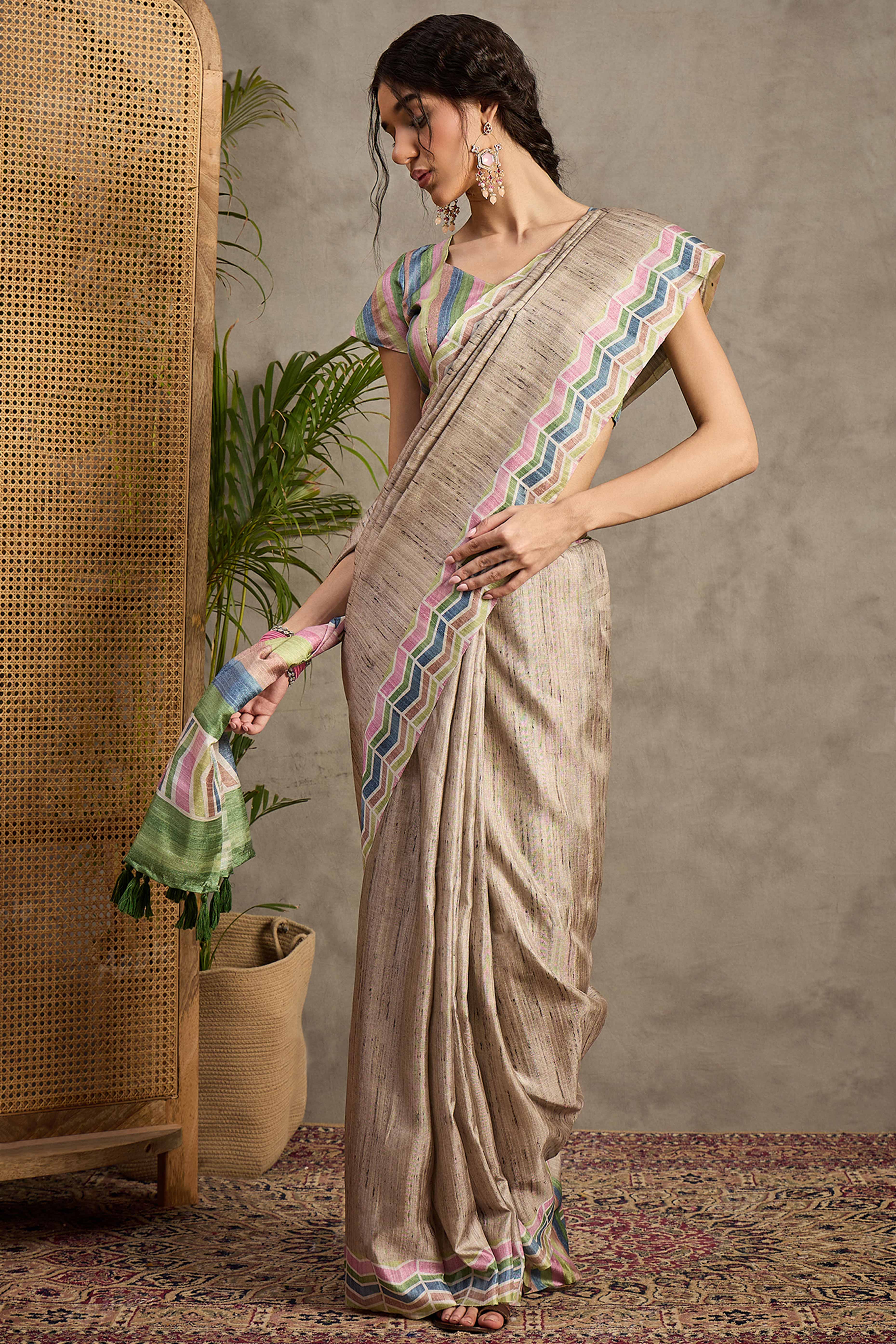 Minimalist Handloom Saree in Beige Cotton Silk Weave