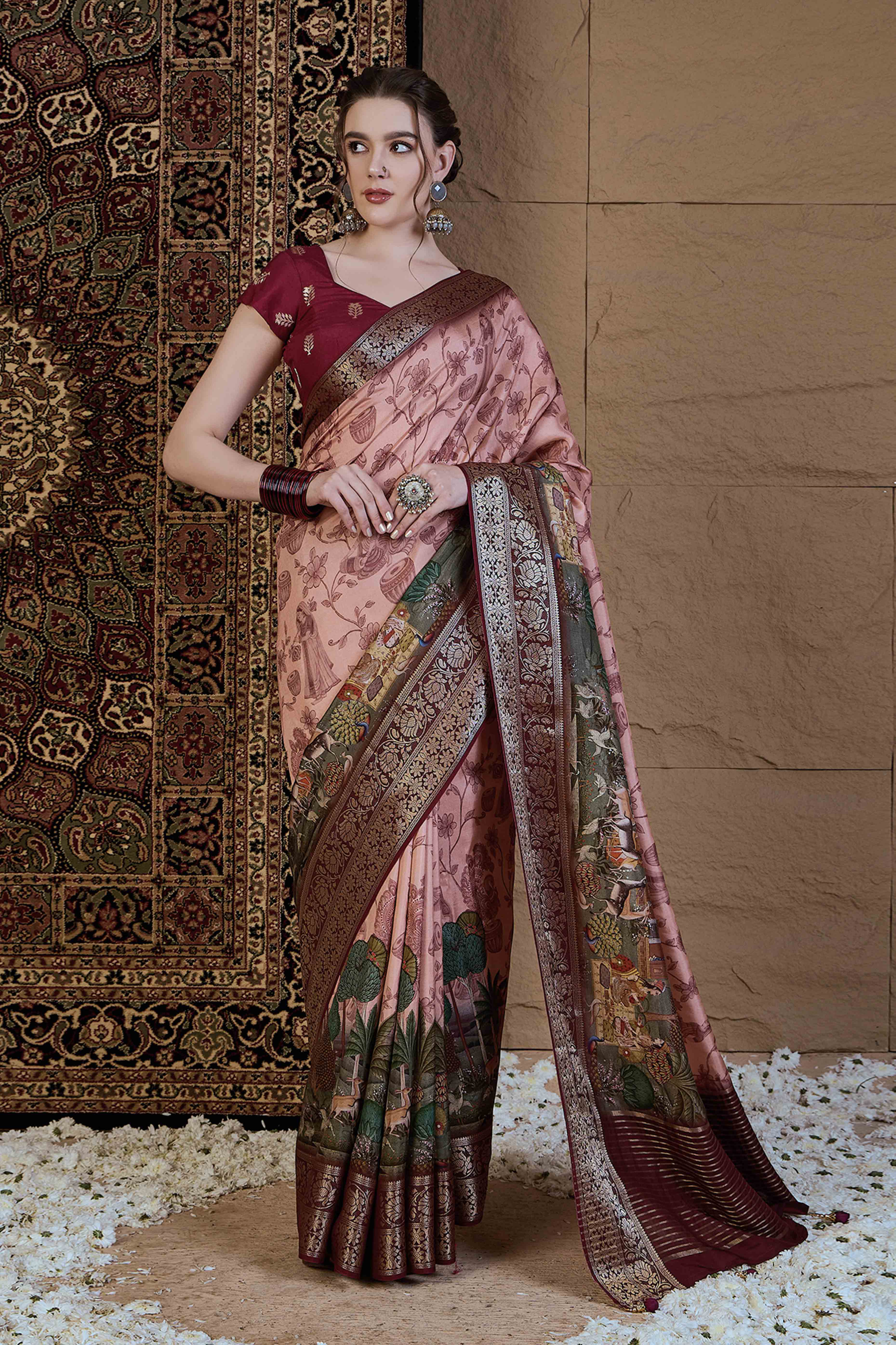 Peach Floral Printed Viscose Saree