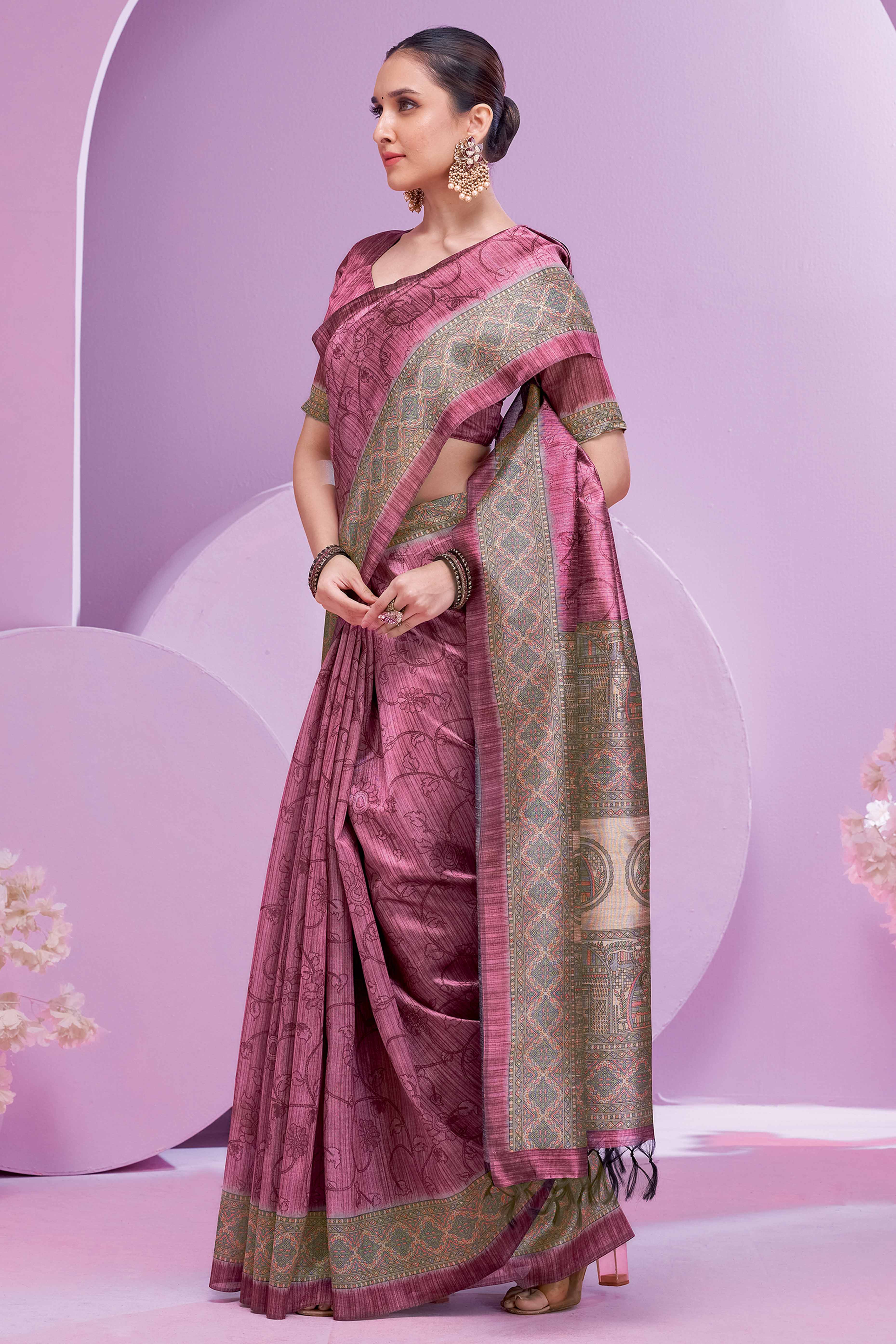 Mauve Ethnic Cotton Silk Saree Adorned with Madhubani Florals Print