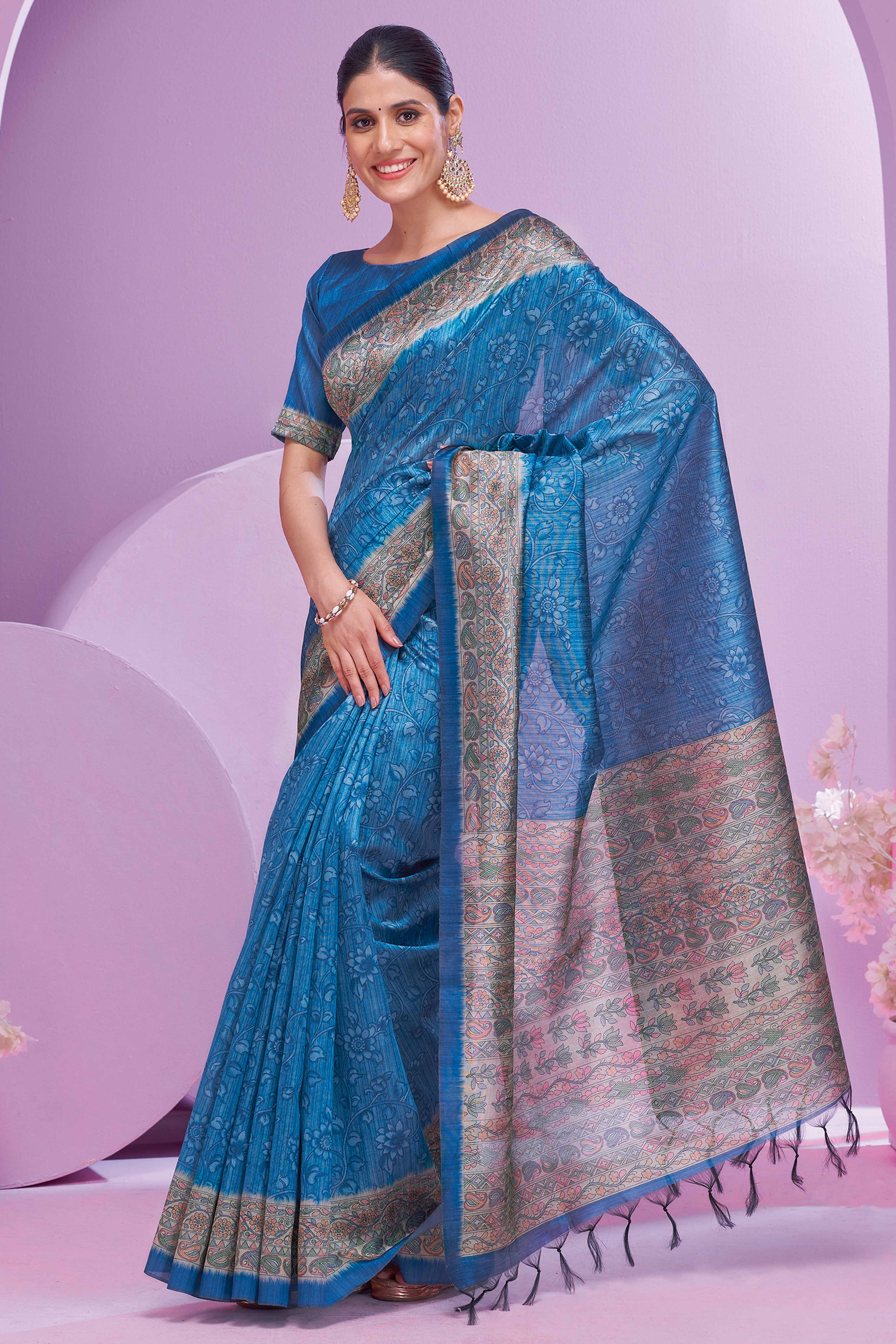 Teal Ethnic Cotton Silk Saree Adorned with Madhubani Florals Print