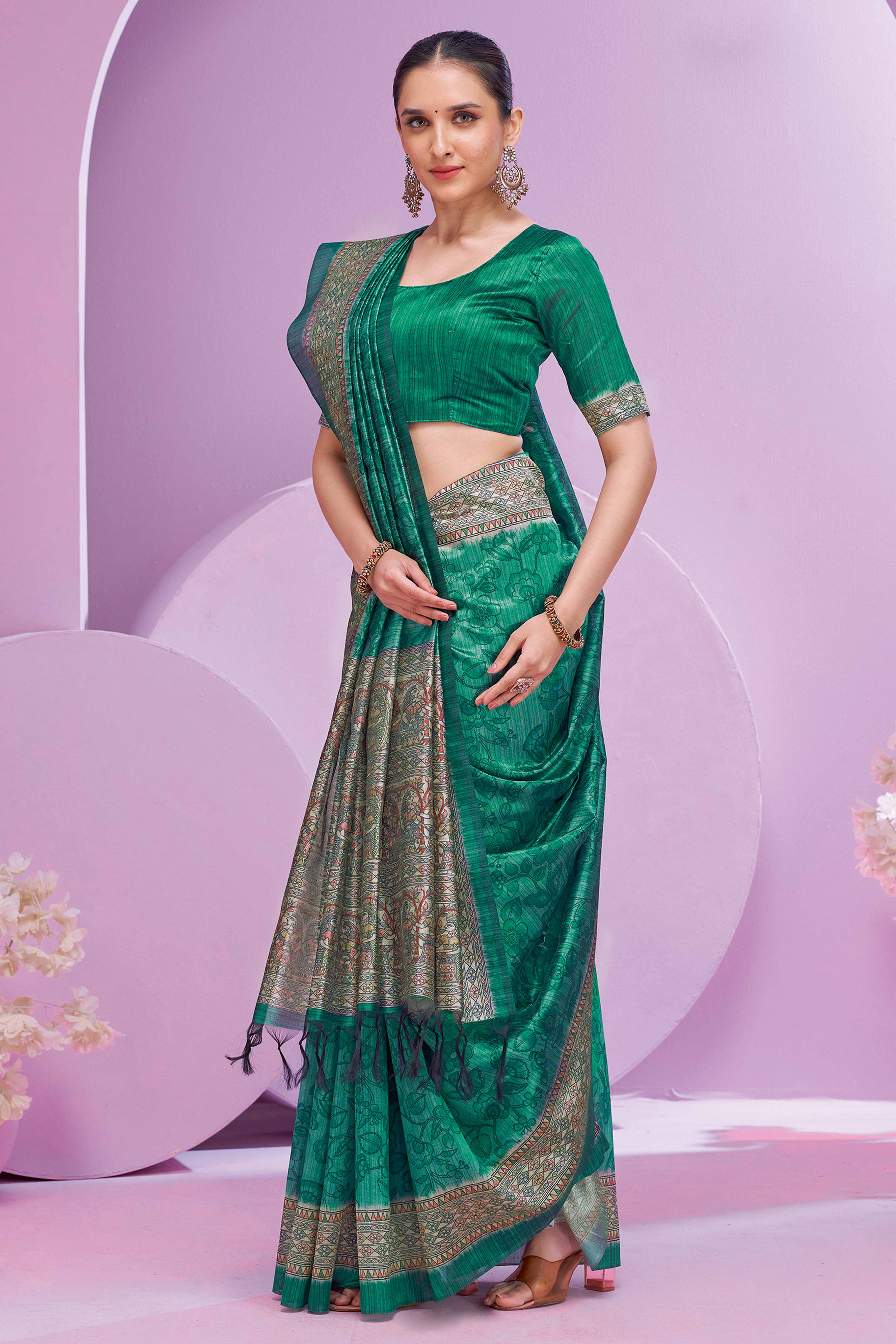 Rama Green Ethnic Cotton Silk Saree Adorned with Madhubani Florals Print
