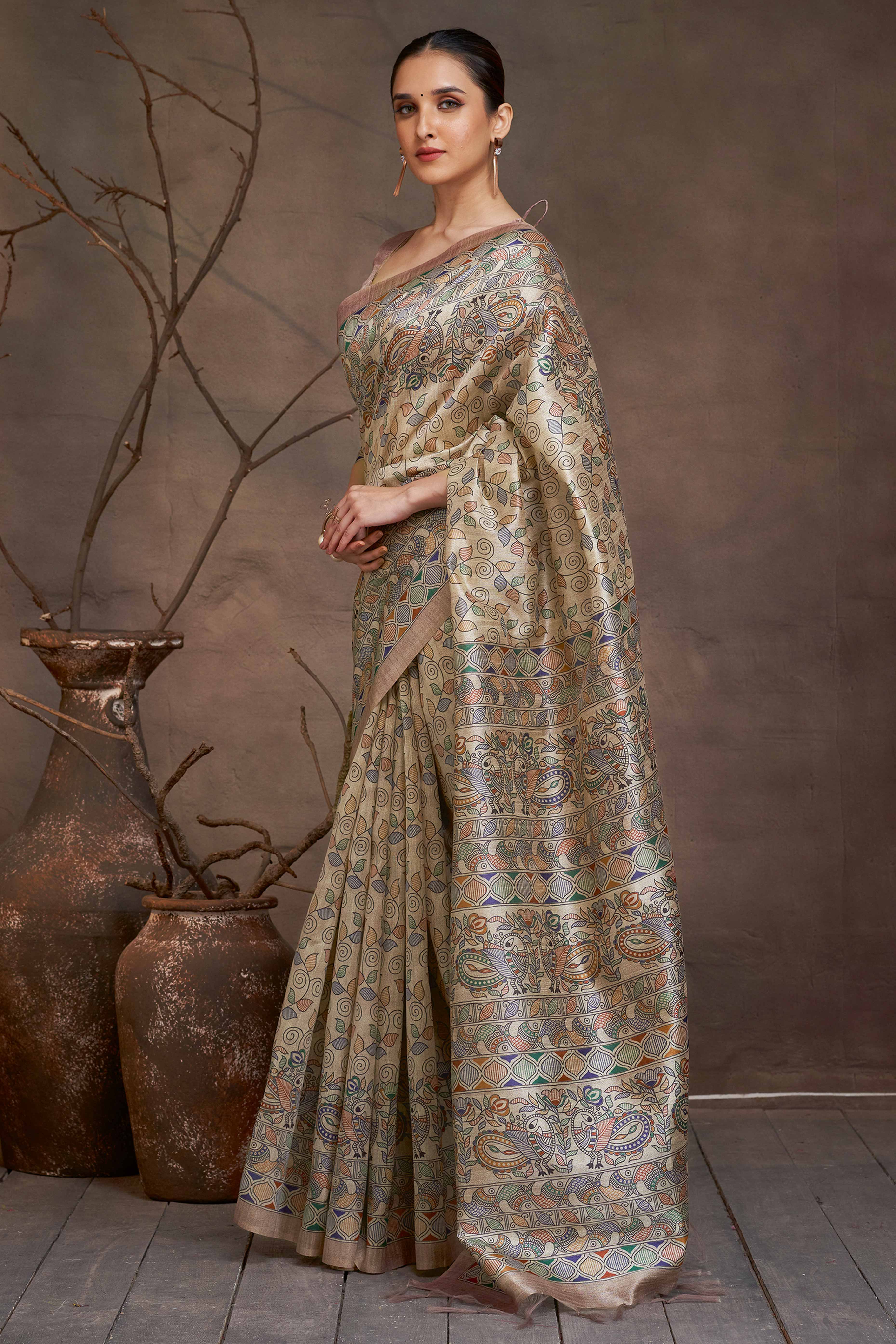 Beige Cotton Silk Saree with Floral Madhubani Print