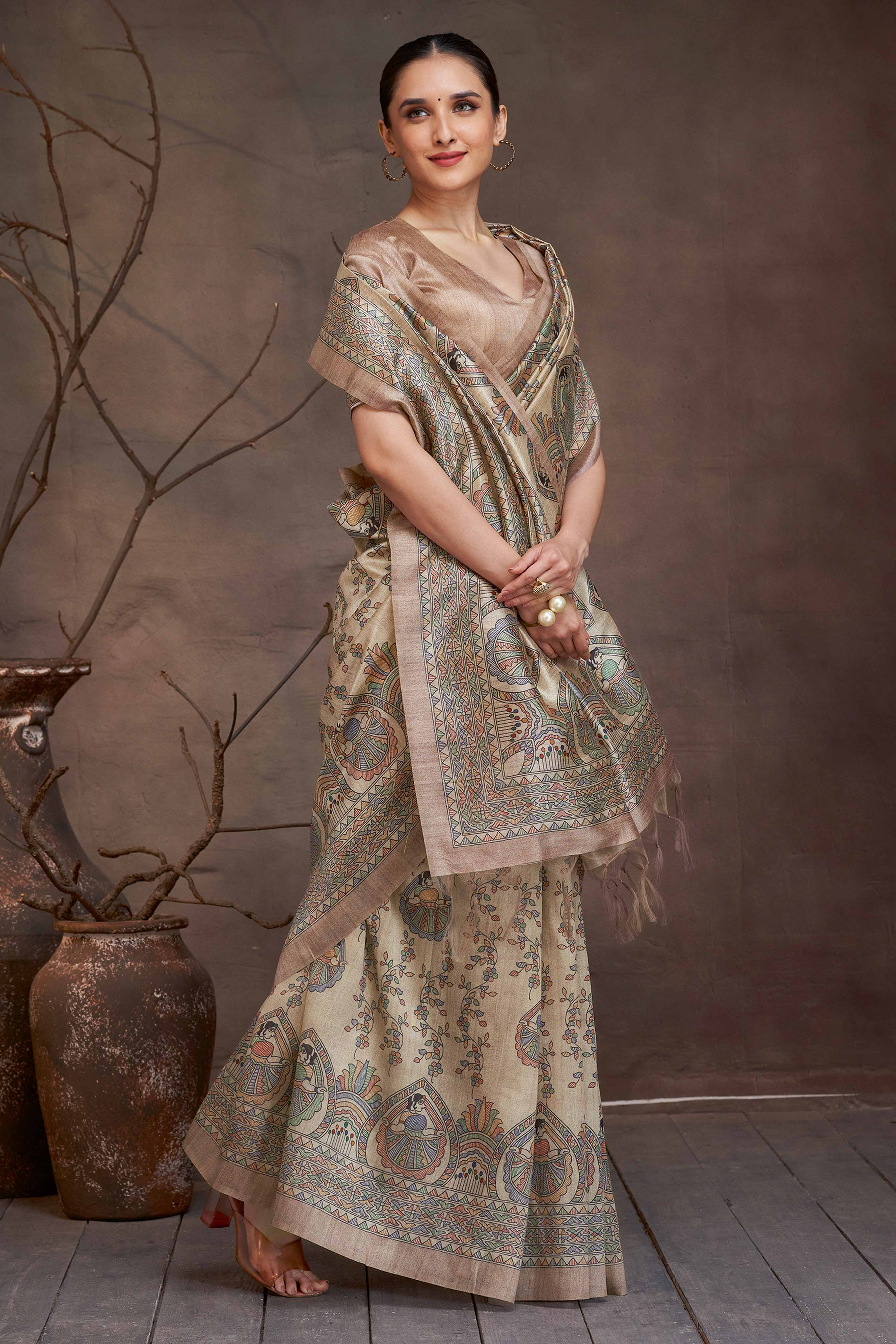 Elegant Beige Madhubani Printed Saree in Cotton Silk