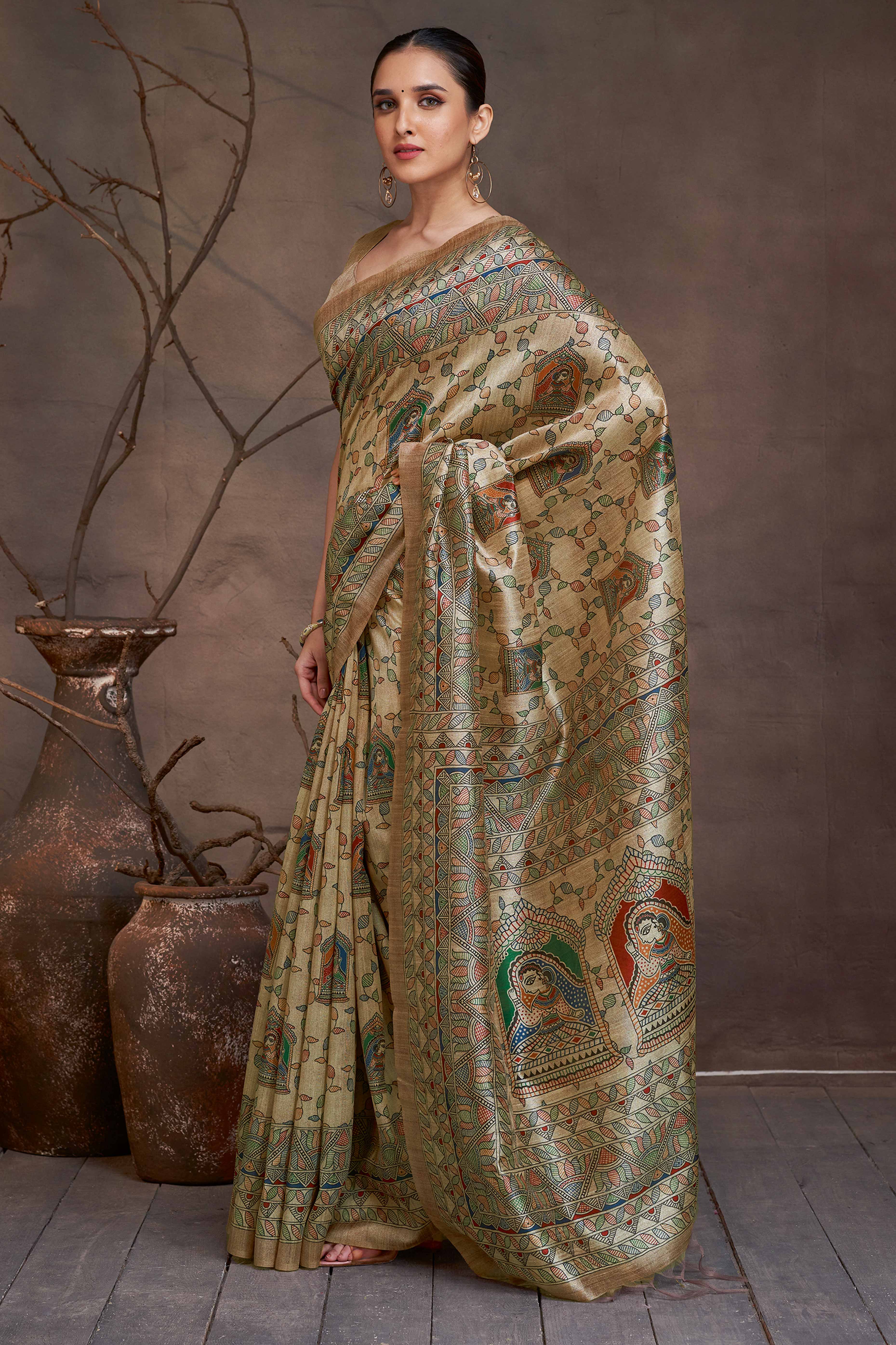 Beige Ethnic Cotton Silk Saree with Delicate Floral Madhubani Motifs