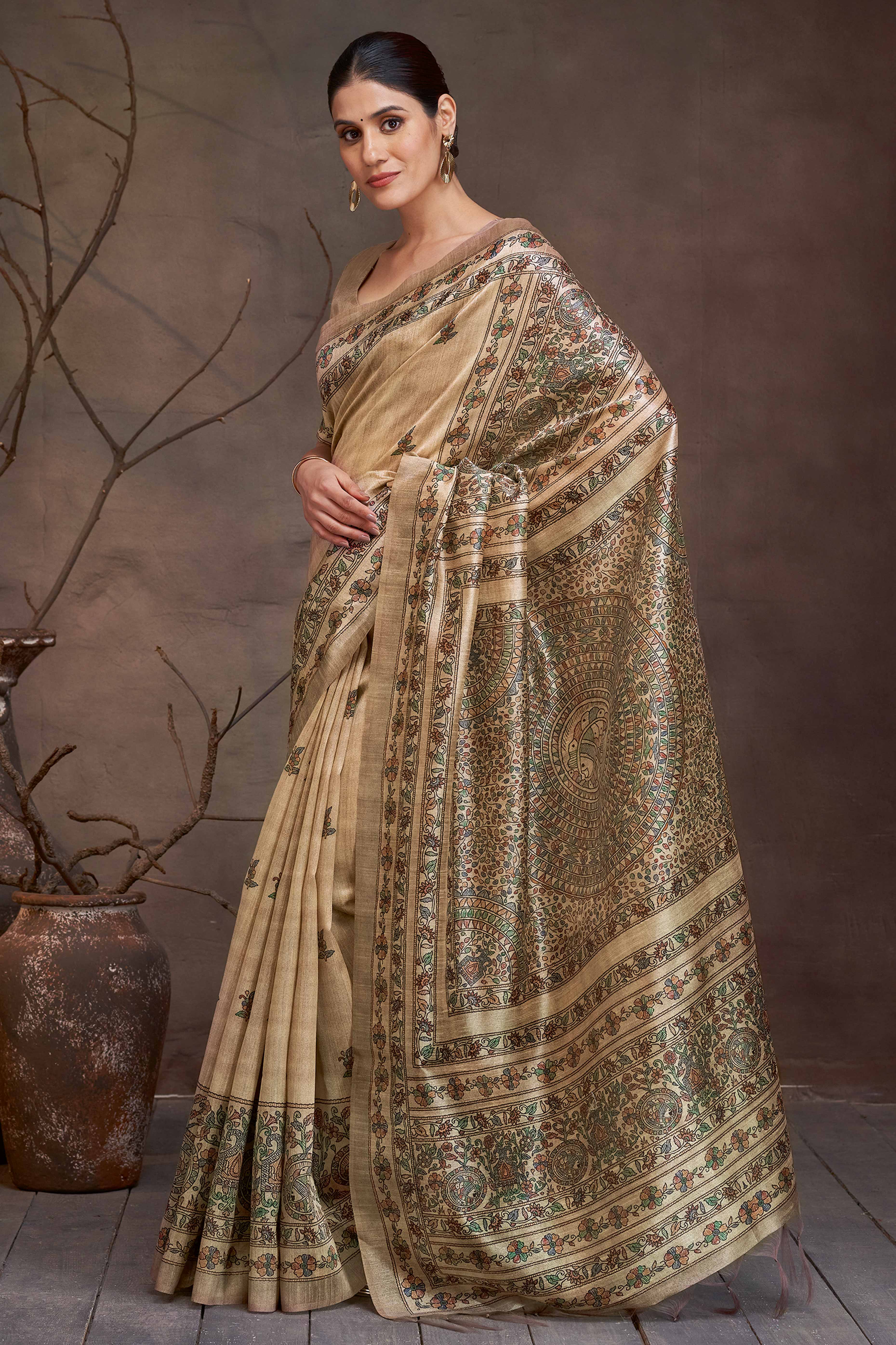 Subtle Sophistication Beige Cotton Silk Saree with Traditional Madhubani Design