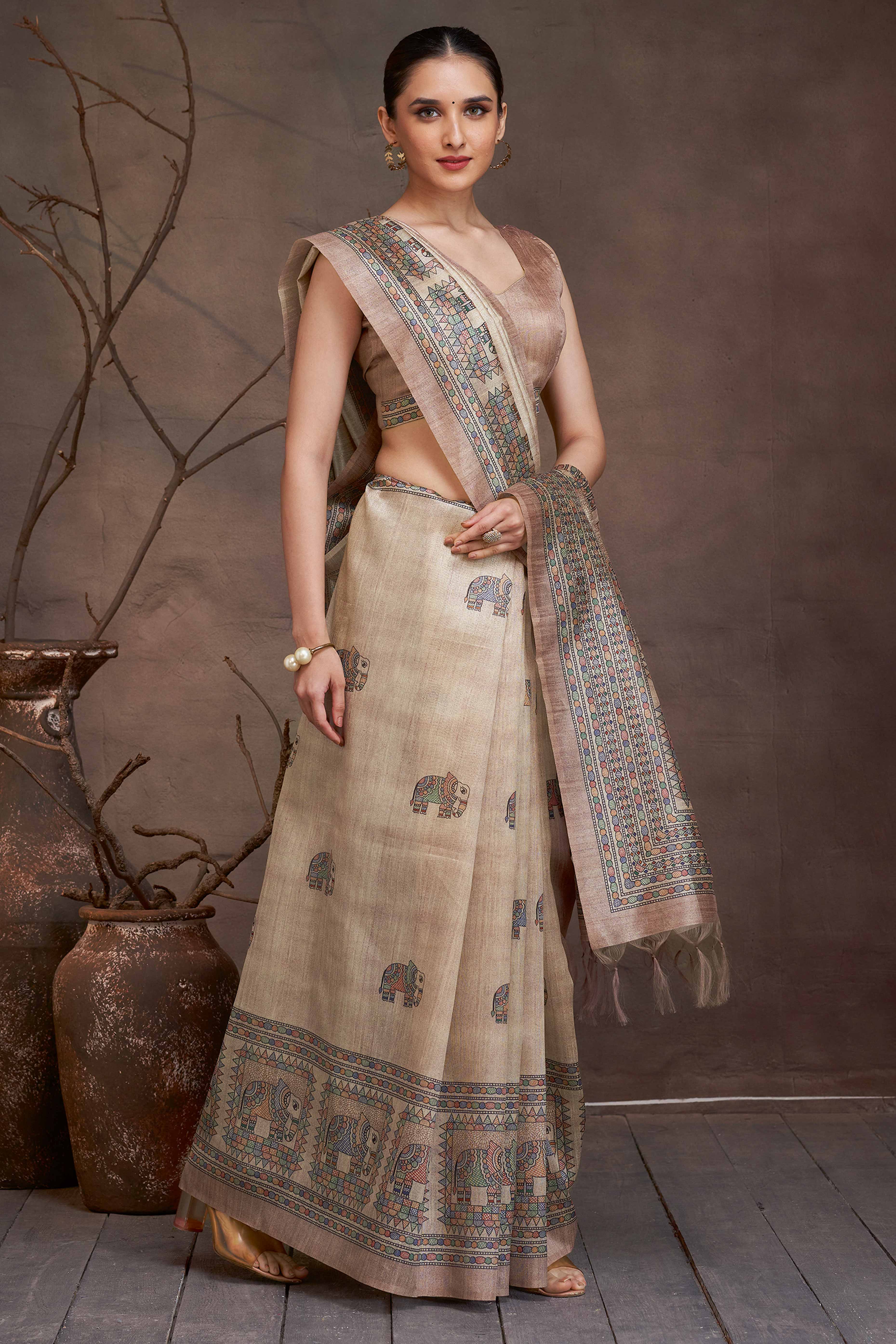 Floral Elegance in Beige Madhubani Print on Soft Cotton Silk