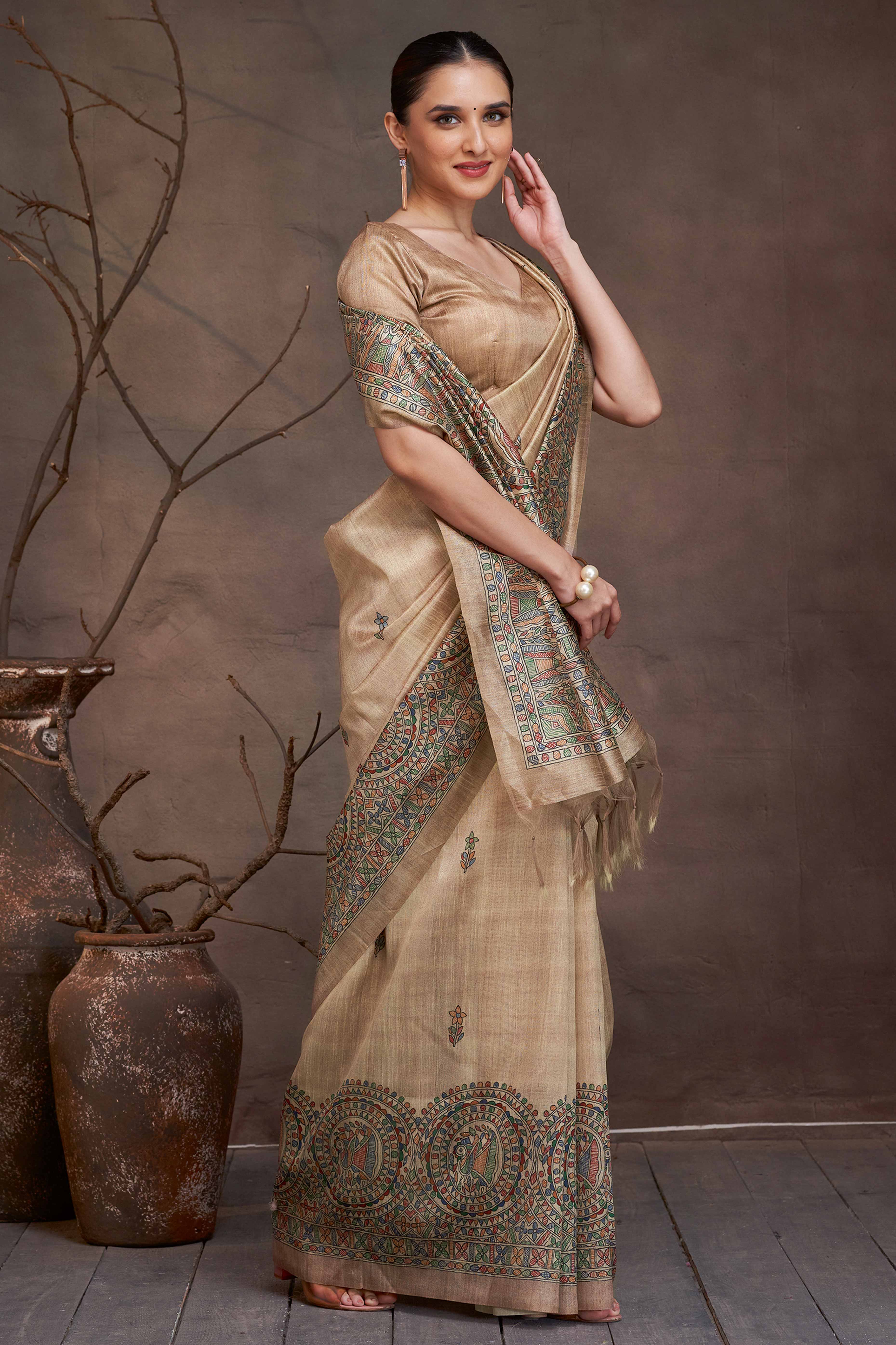 Madhubani Magic Floral Printed Beige Cotton Silk Saree