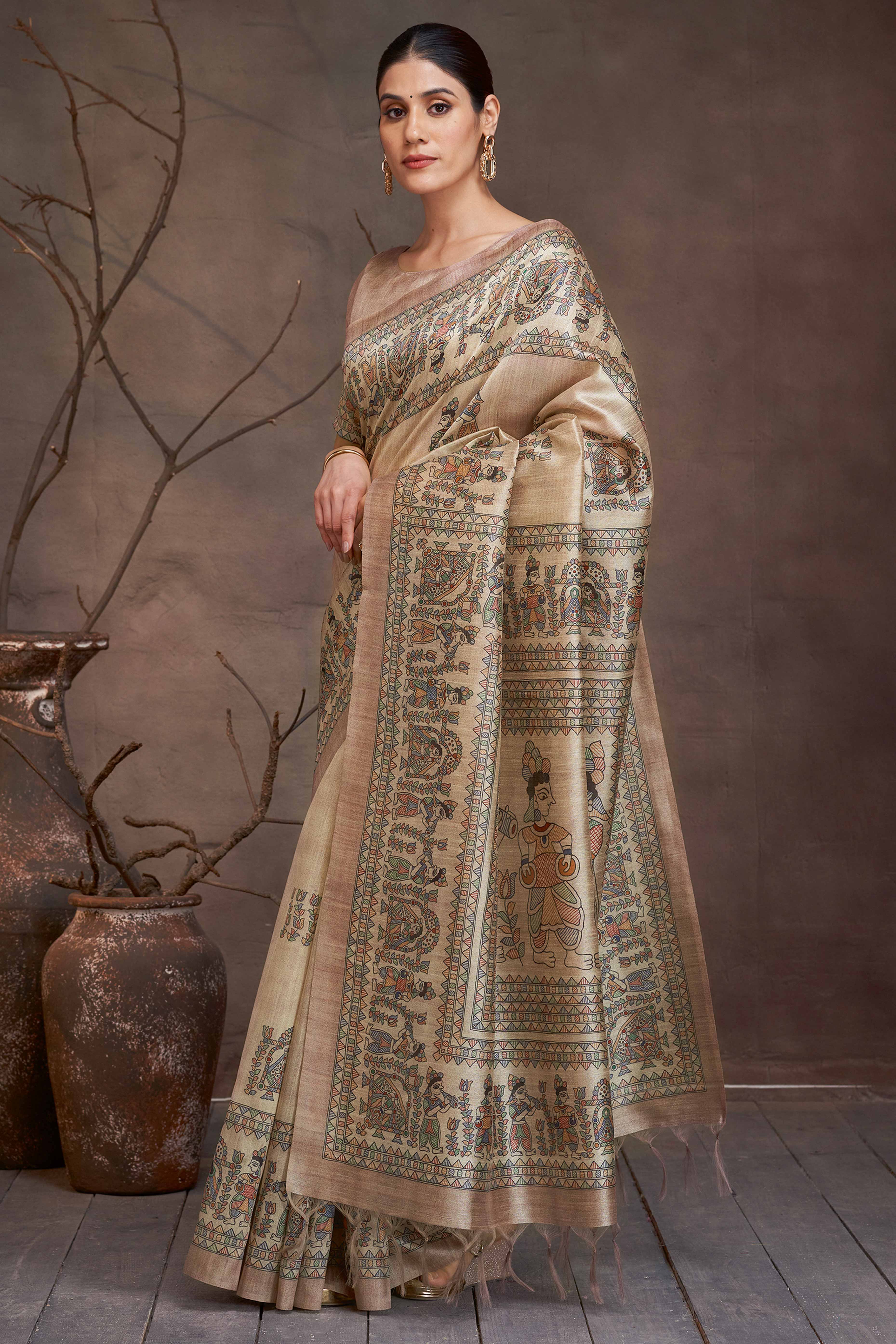 Art Inspired Beige Cotton Silk Saree with Floral Madhubani Touch