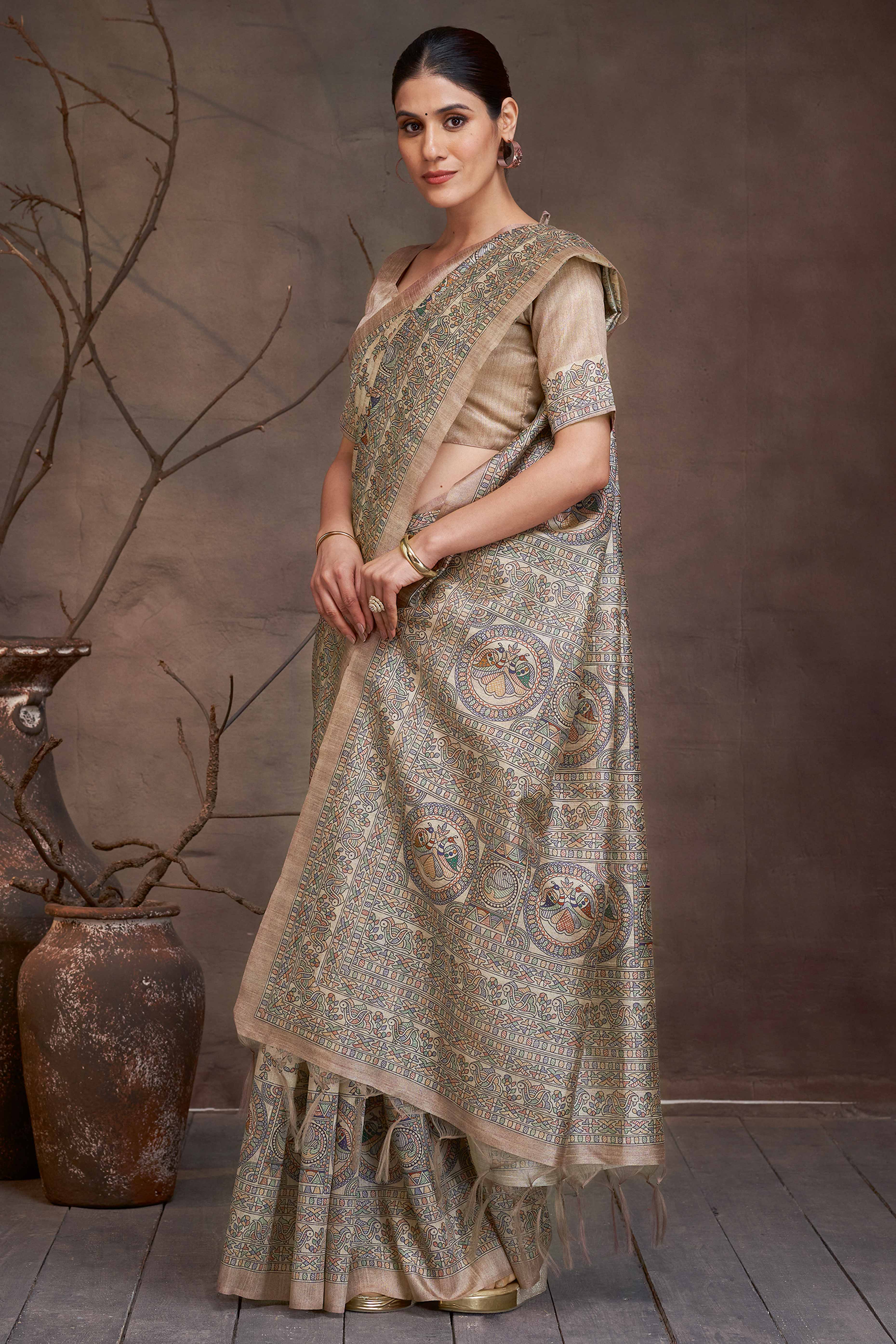 Beige Ethnic Cotton Silk Saree Adorned with Madhubani Florals