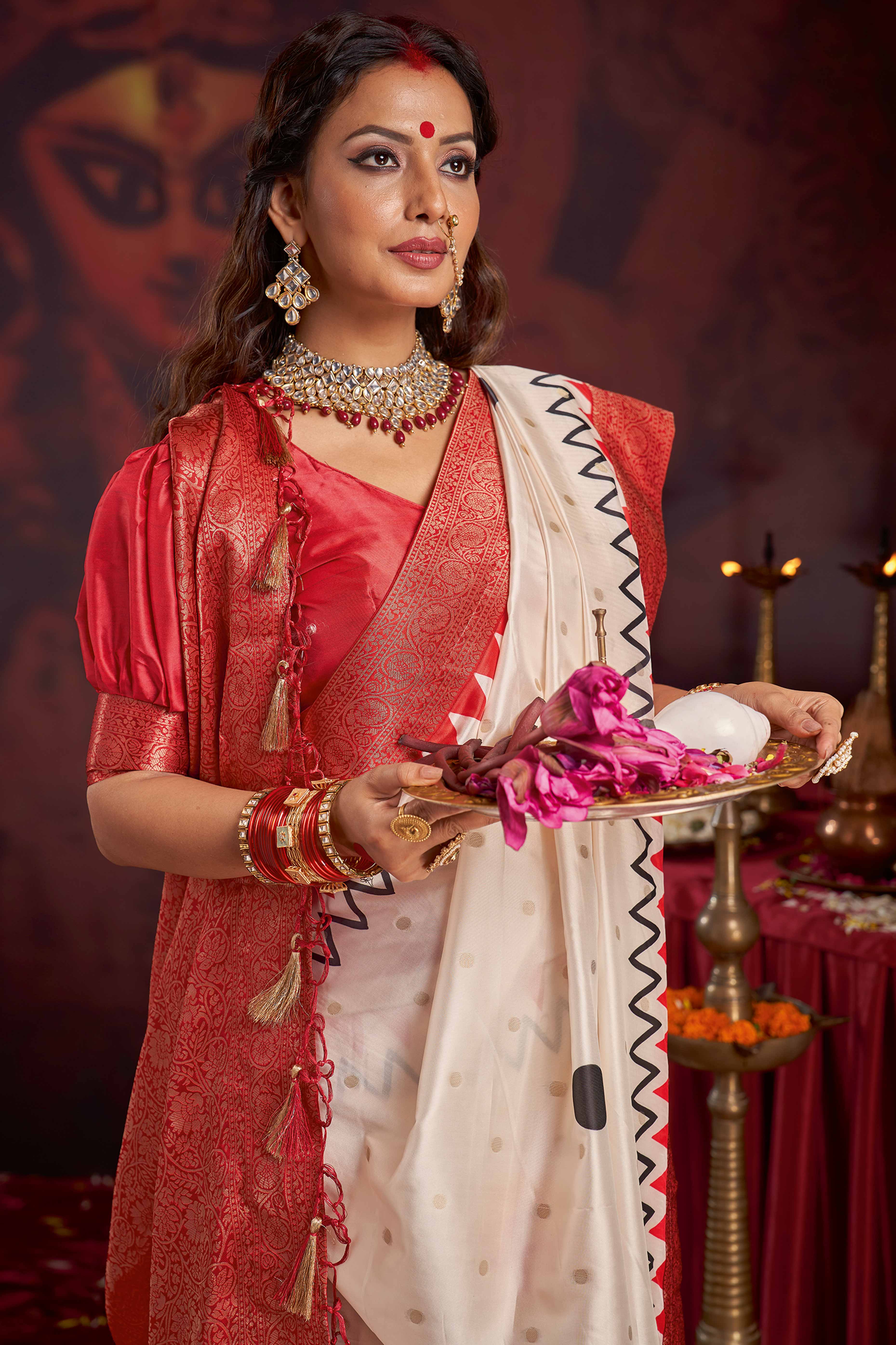 Woven Satin Saree in Off White & Red for Puja Occasions