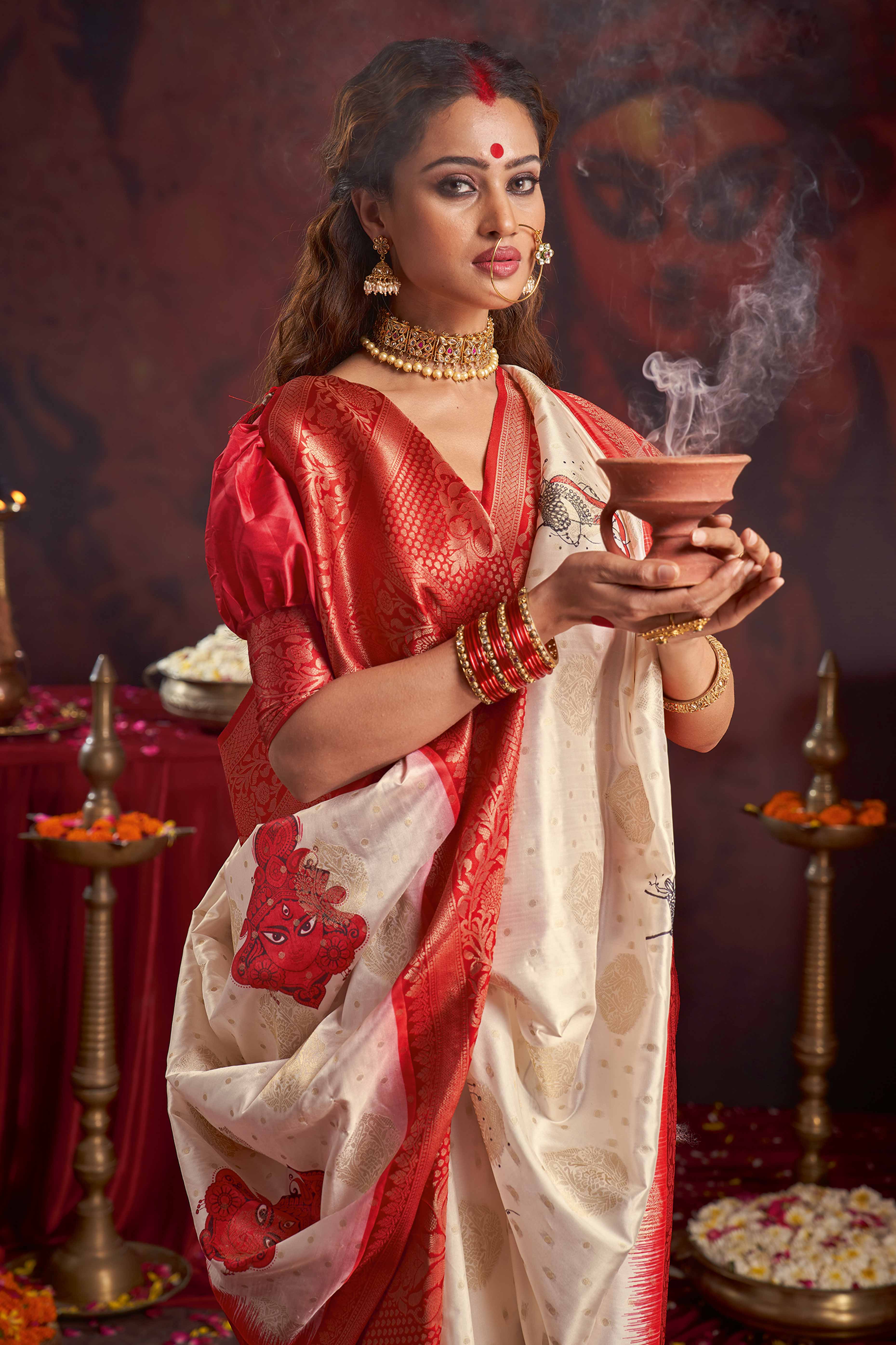 Durga Puja Special Off White and Red Woven Satin Saree