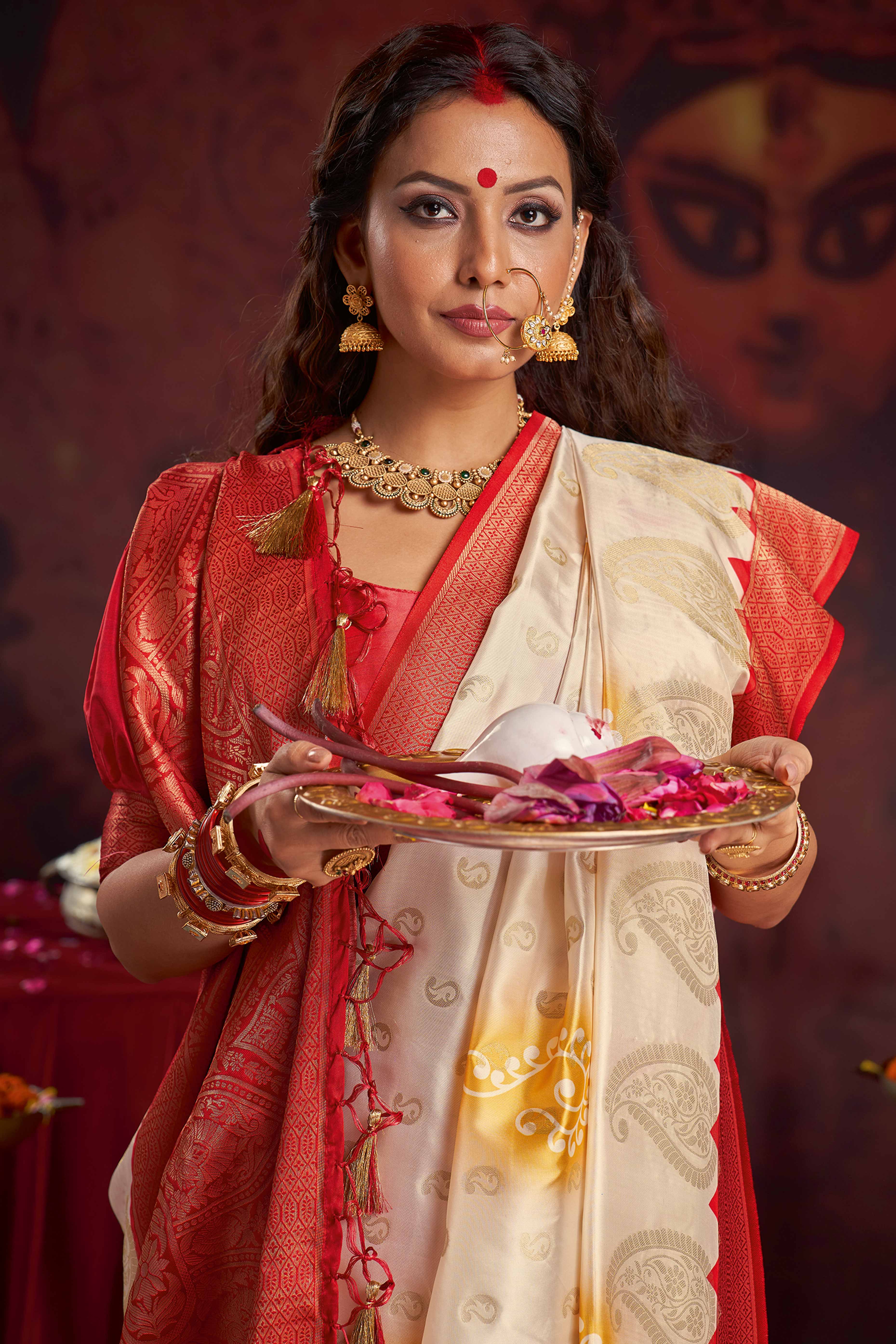 Festive Wear Off White & Red Satin Saree with Traditional Weaving