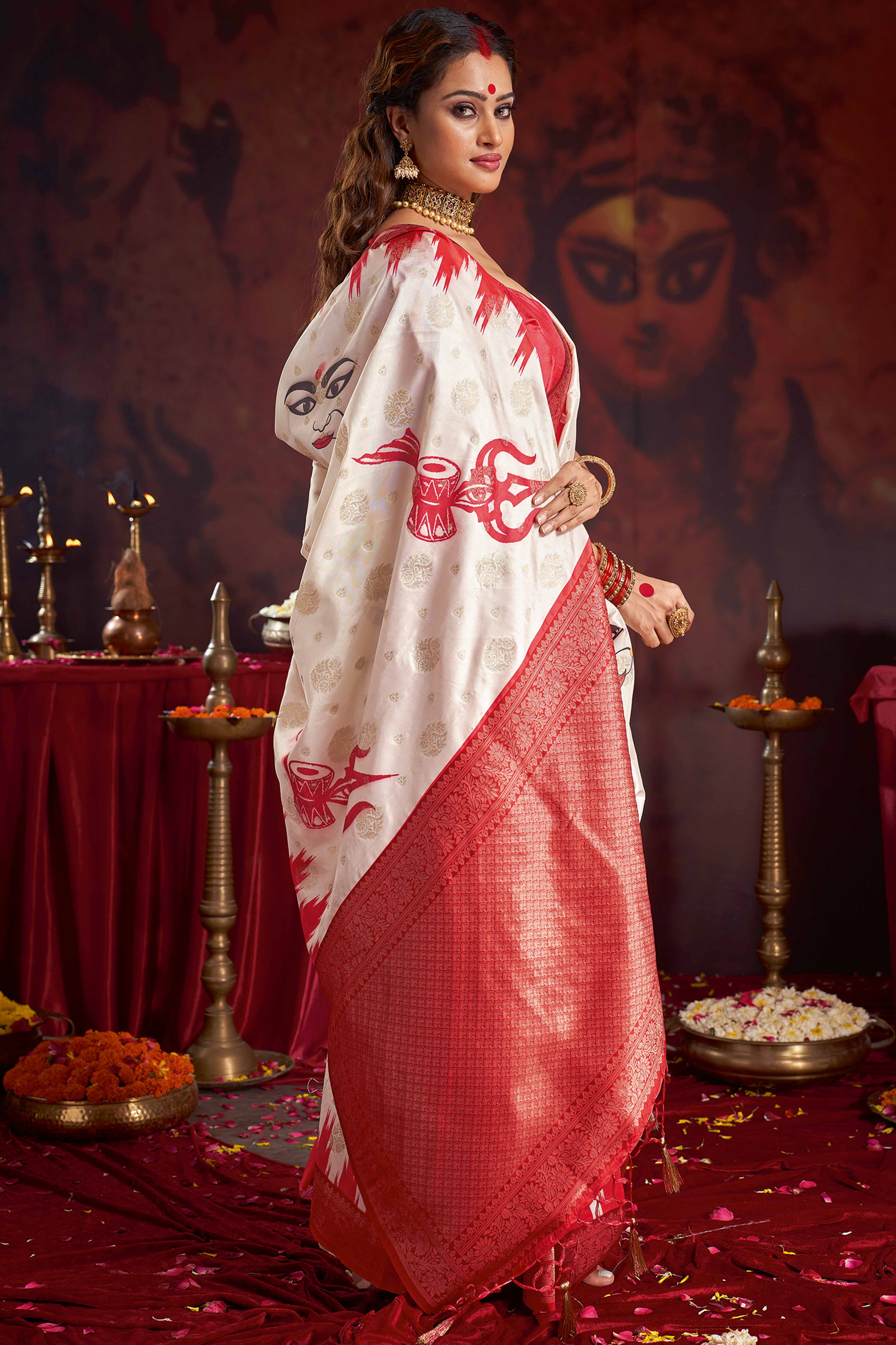 Classic Off White and Red Satin Saree Durga Festival Edition