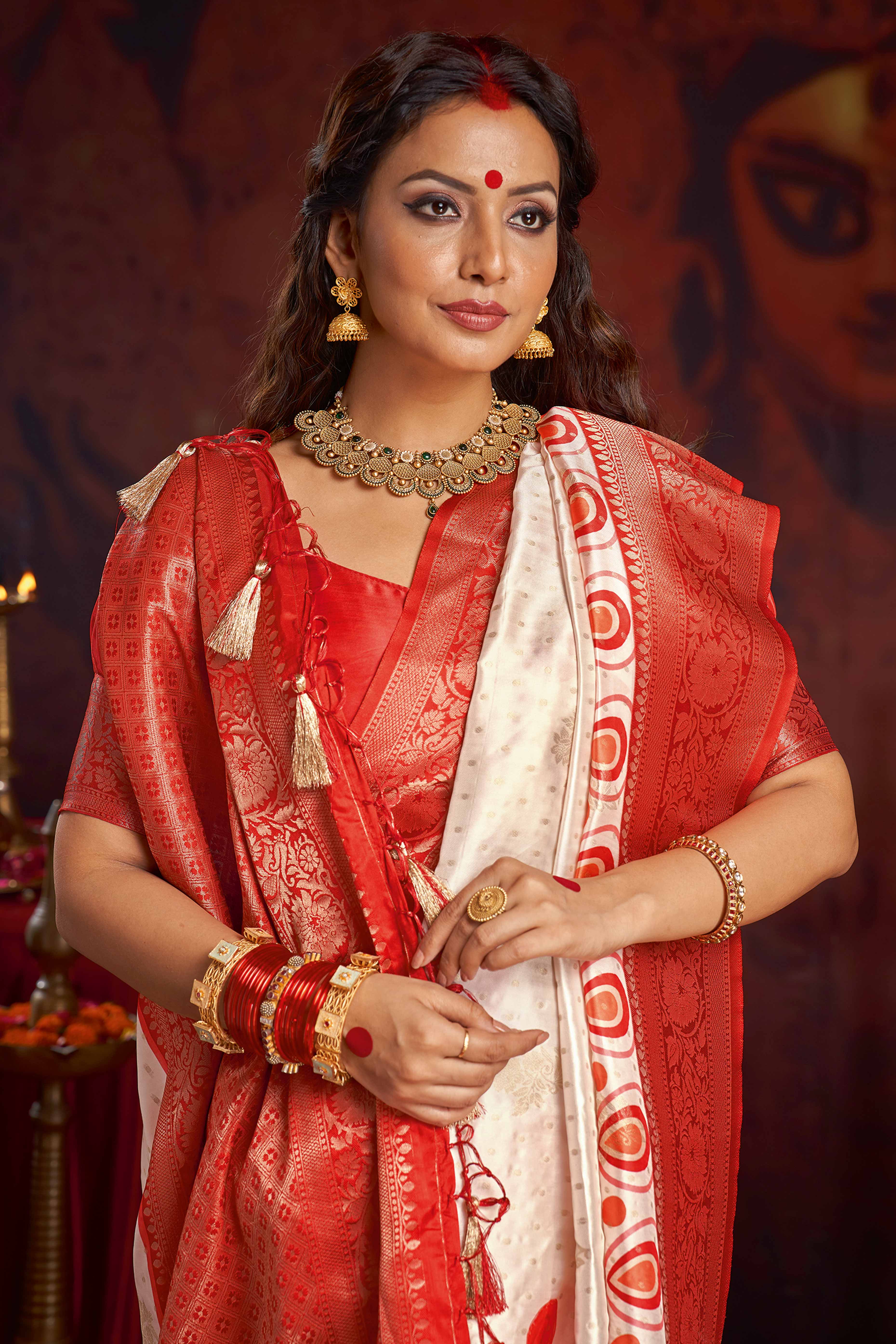 Durga Puja Inspired Traditional Satin Saree in Red & White